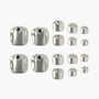 Silver press-on nails set with metallic gems and geometric accents, displayed on white background.
