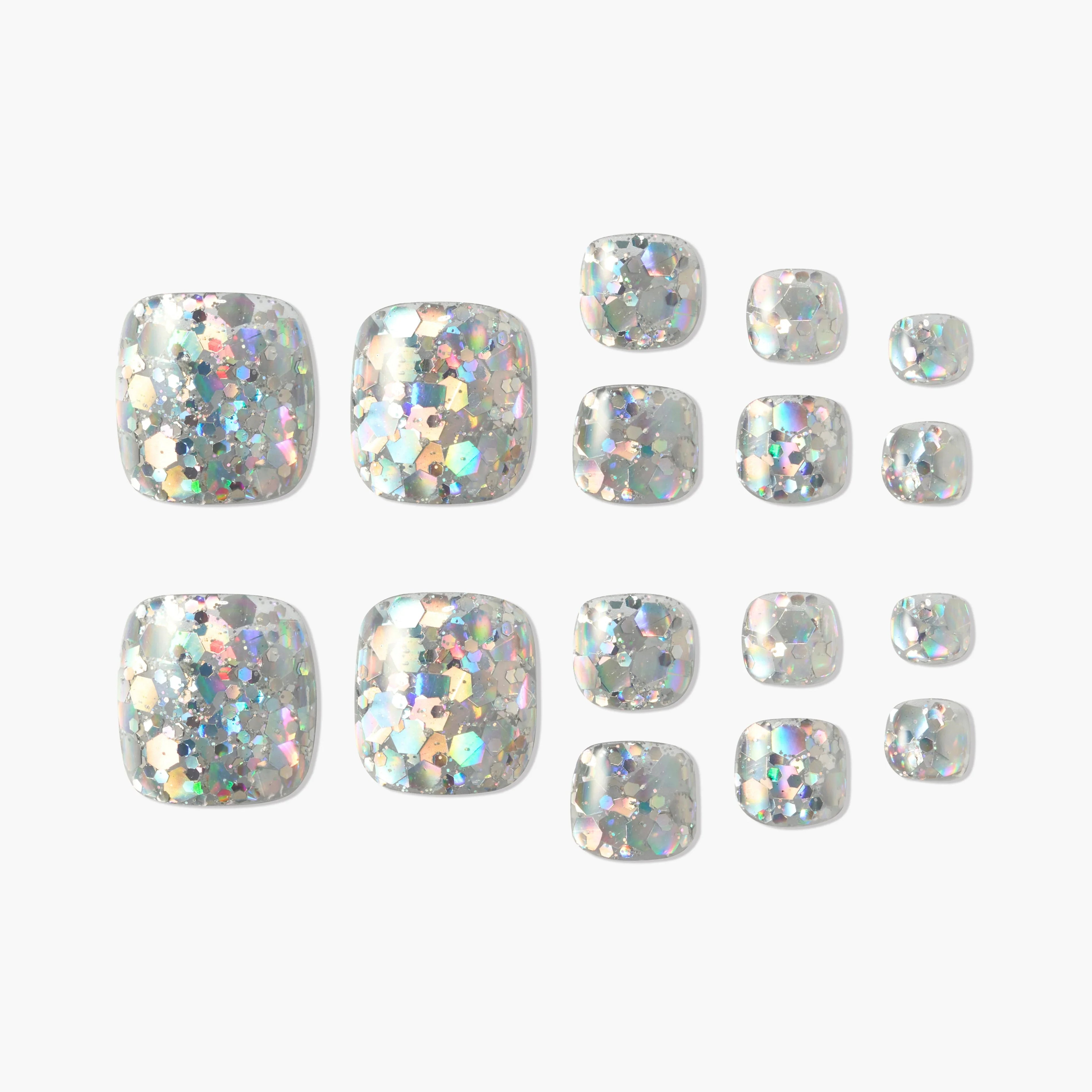 Set of square press-on nails with silver holographic glitter, displayed on white background