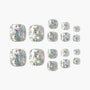 Set of square press-on nails with silver holographic glitter, displayed on white background