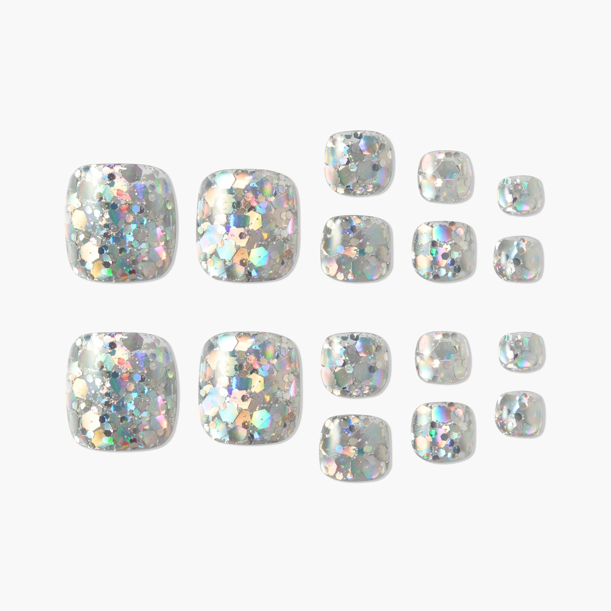 Set of square press-on nails with silver holographic glitter, displayed on white background