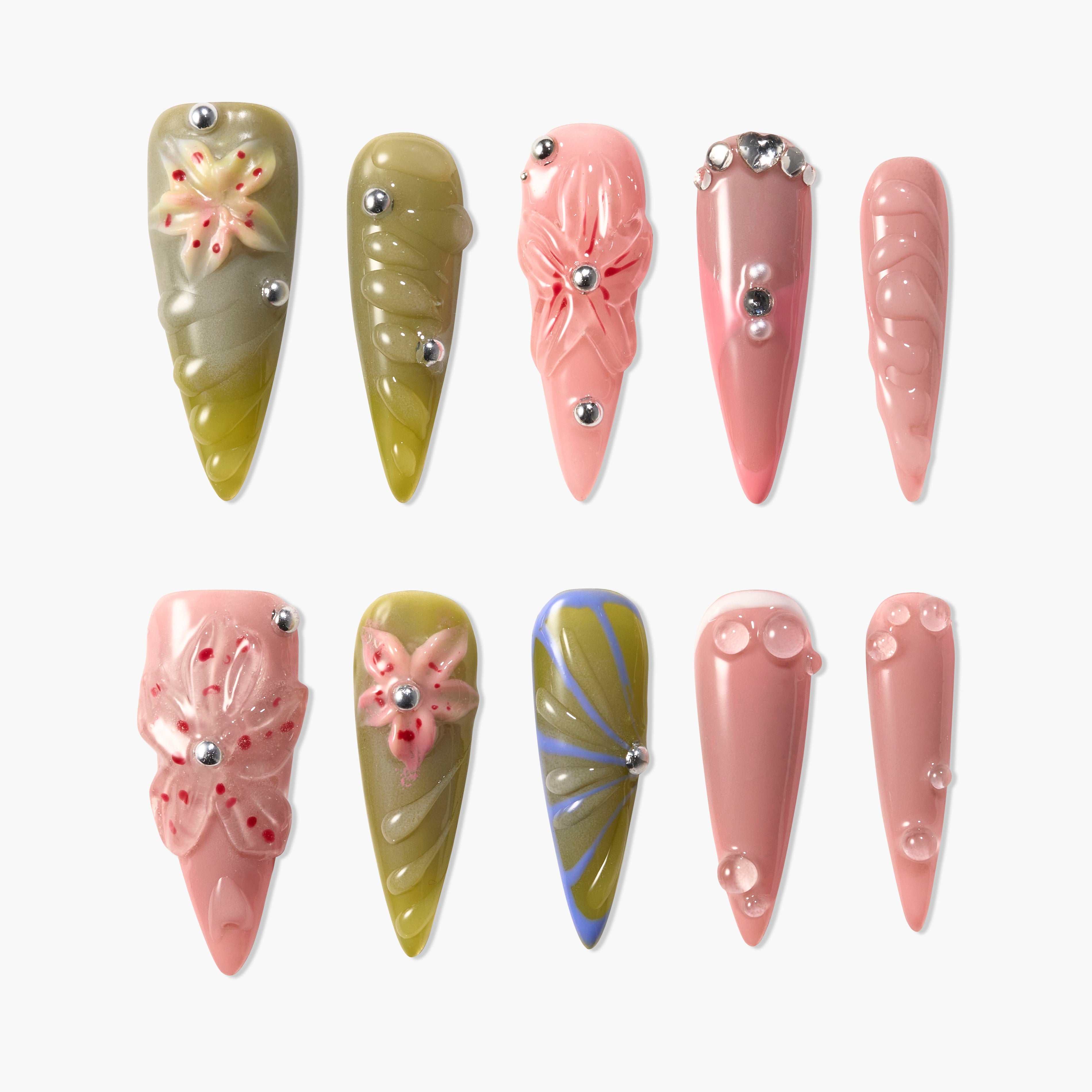 Set of handmade press-on nails in pink and olive green with 3D floral designs and rhinestones