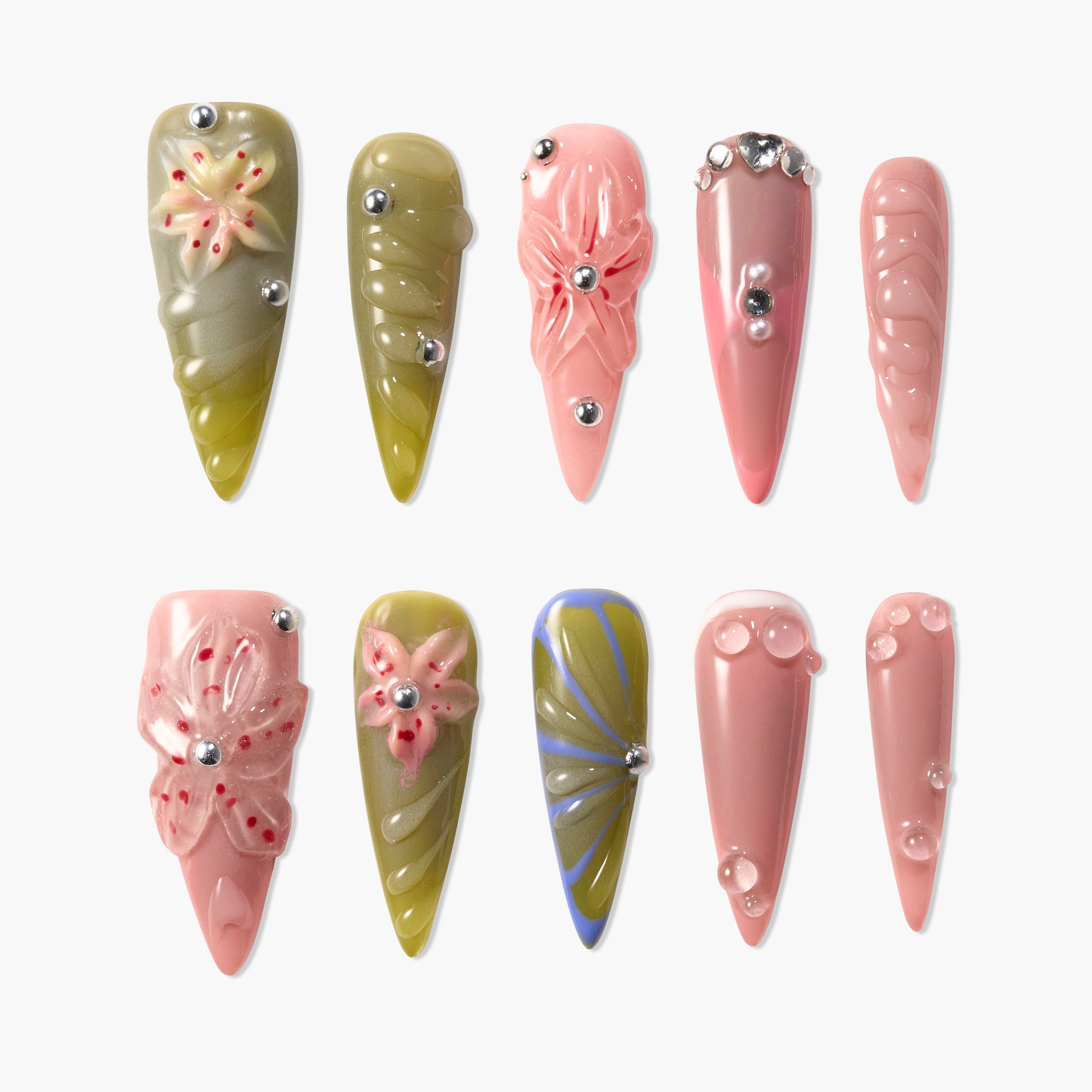 Set of handmade press-on nails in pink and olive green with 3D floral designs and rhinestones