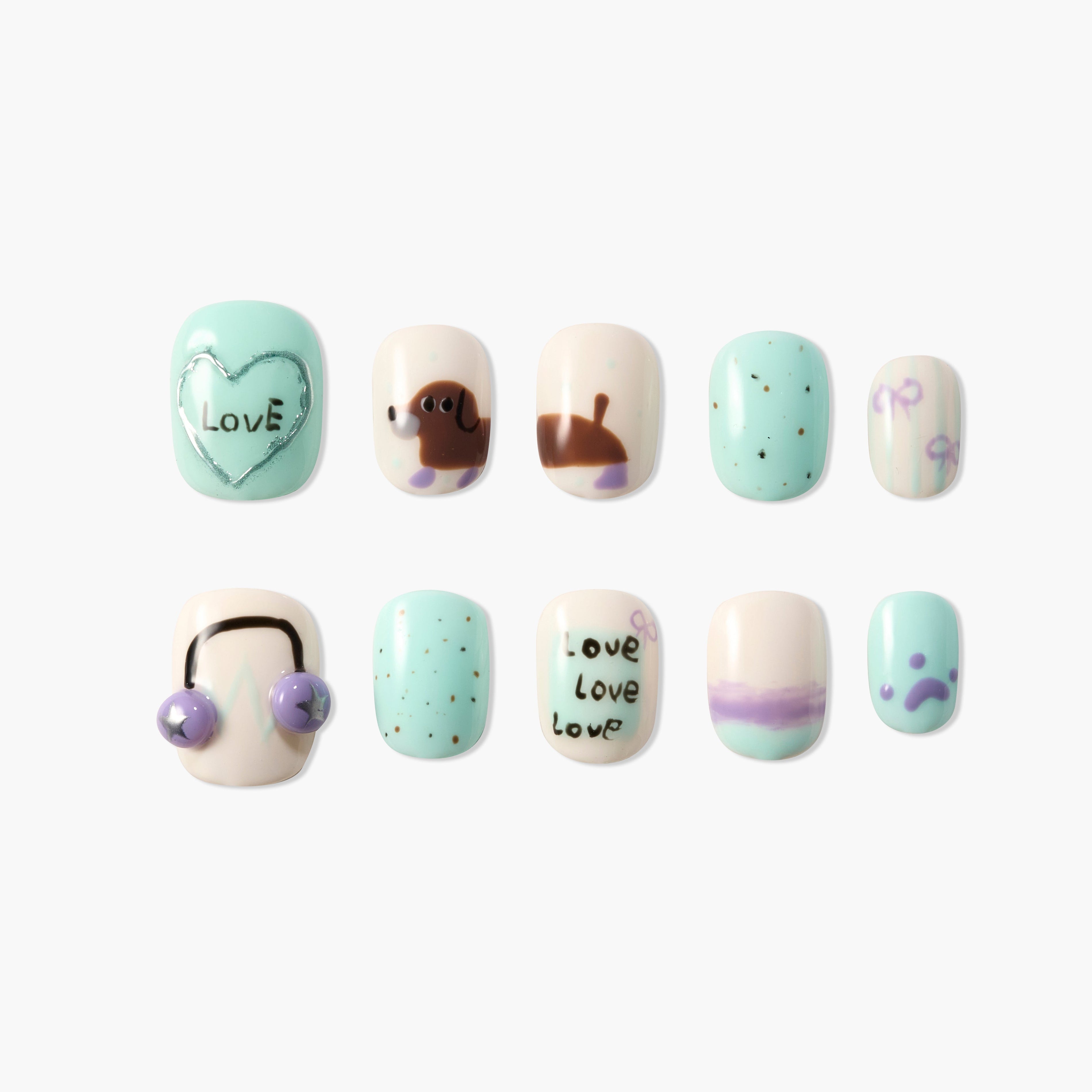 Cute handmade press-on nails with pastel colors, heart, dog, and playful love designs.