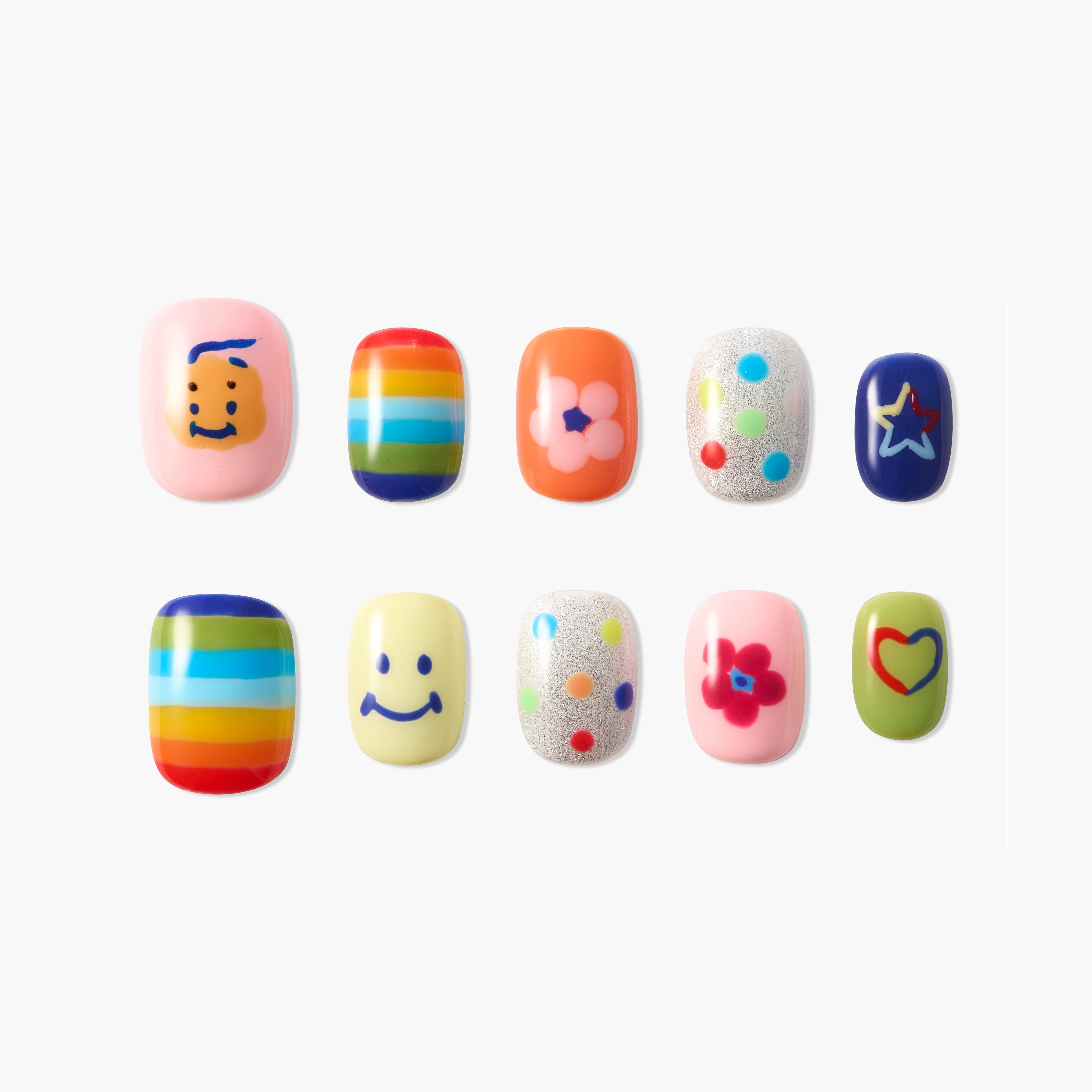 Colorful press-on nails set with rainbow stripes, smiley faces, floral, and heart designs