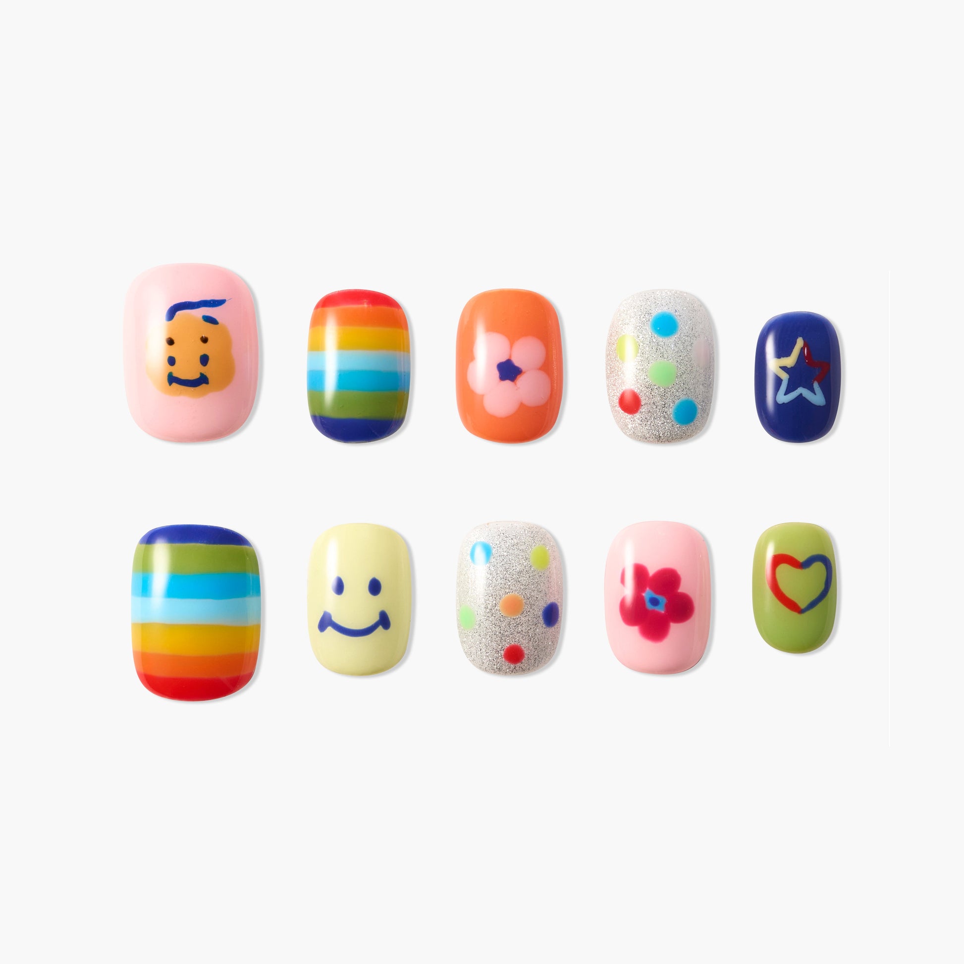 Colorful press-on nails set with rainbow stripes, smiley faces, floral, and heart designs