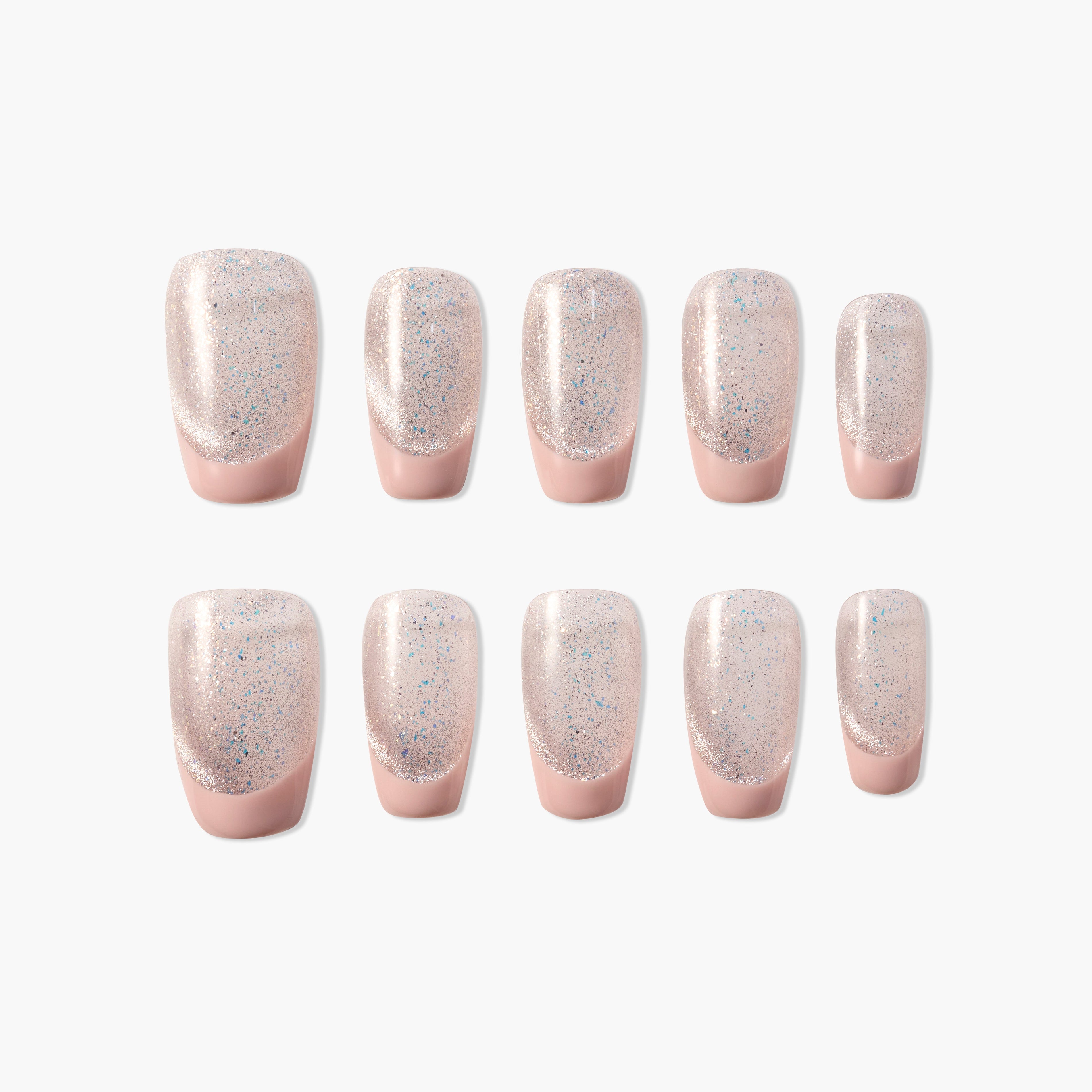 Set of pink press-on nails with silver glitter, arranged neatly on a white background