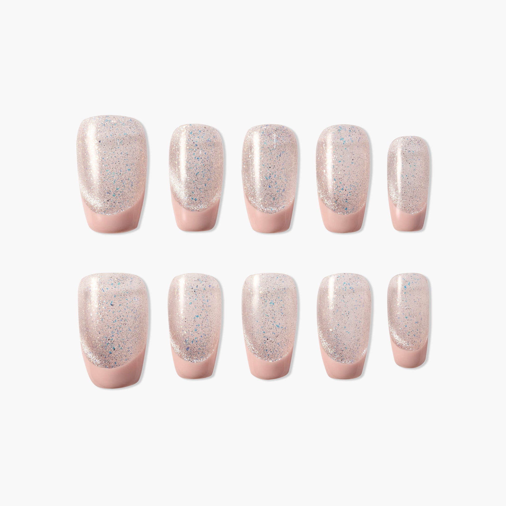Set of pink press-on nails with silver glitter, arranged neatly on a white background