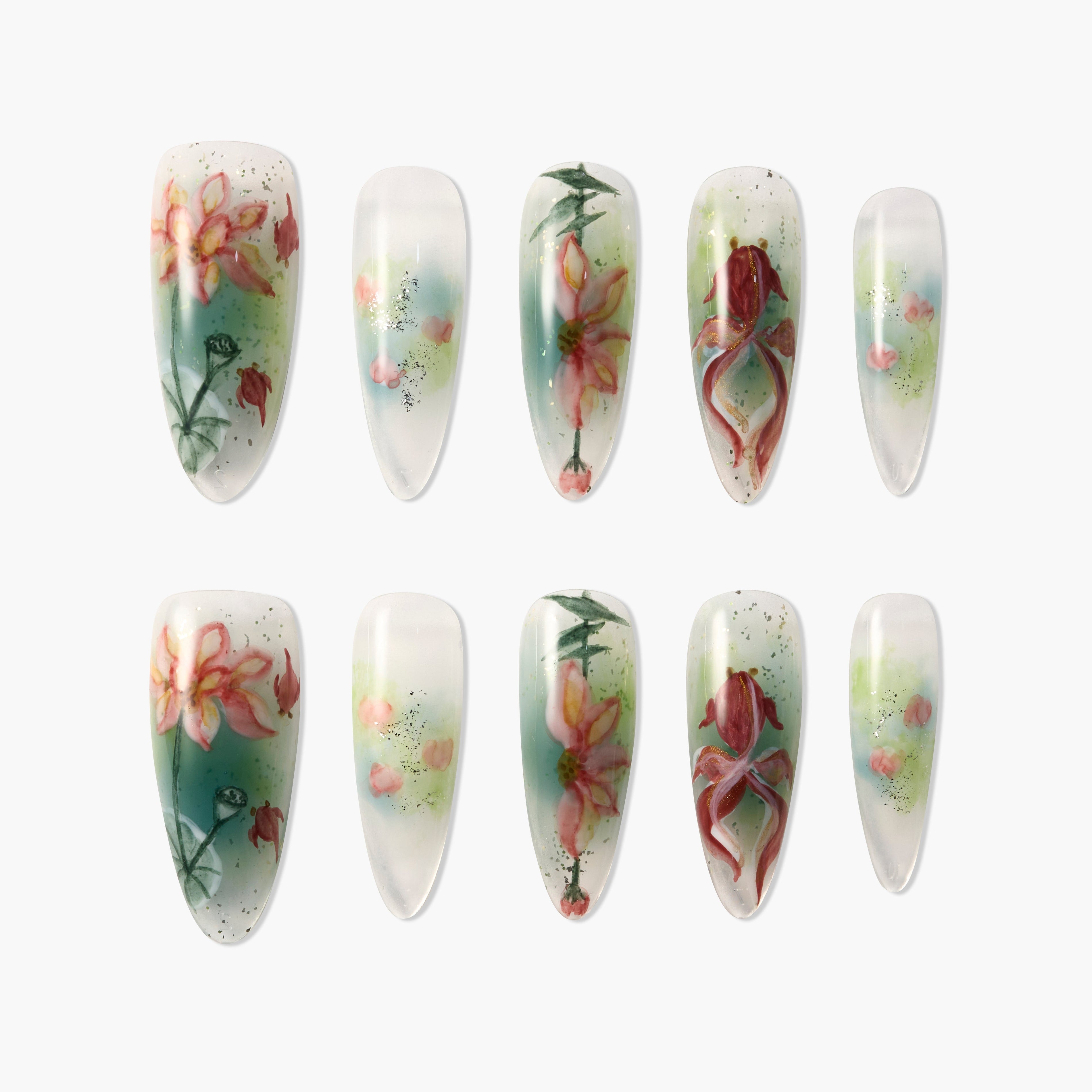 Handmade press-on nails with pink floral and green watercolor design, long almond shape