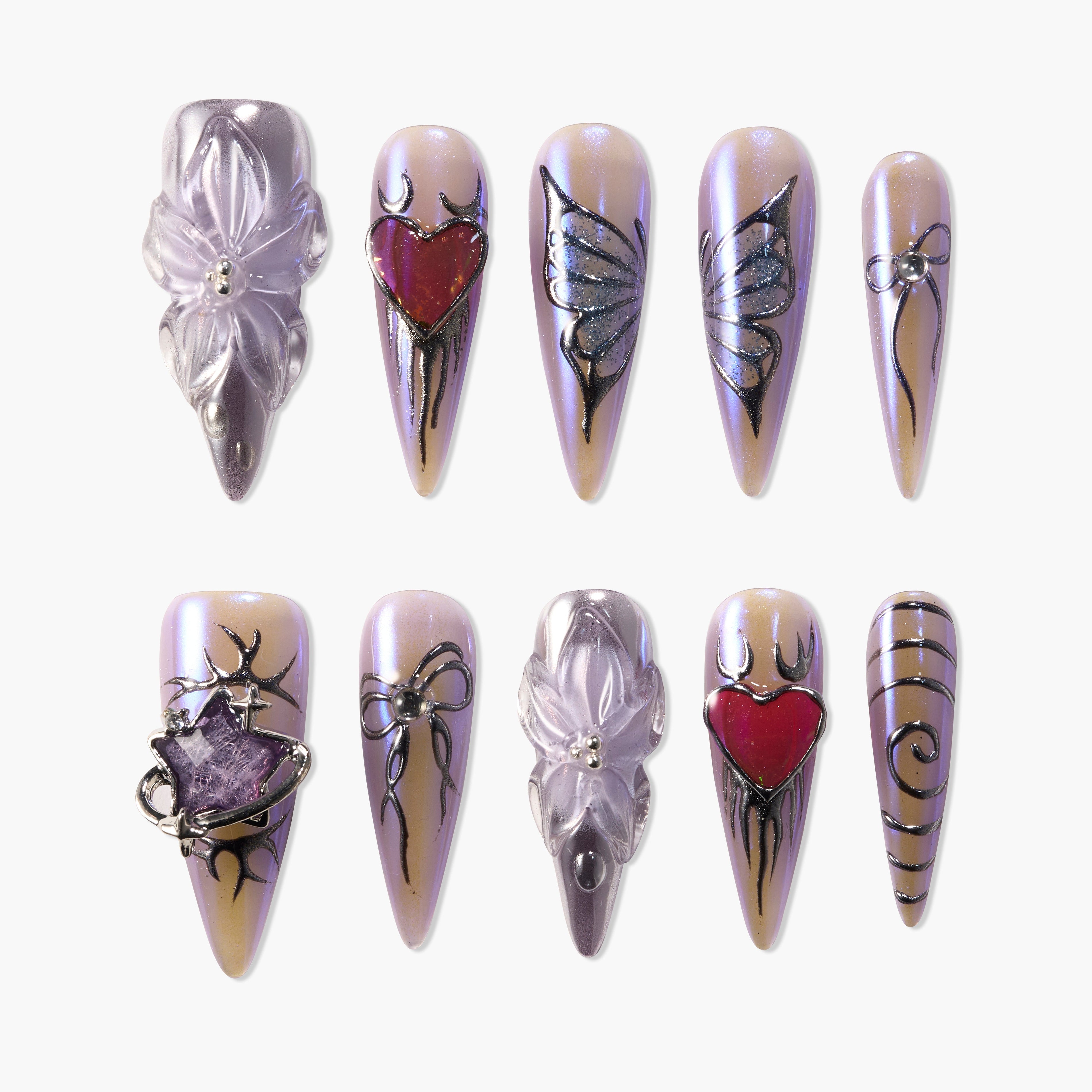 Handmade press-on nails with 3D flowers, hearts, butterflies, bows, and metallic accents