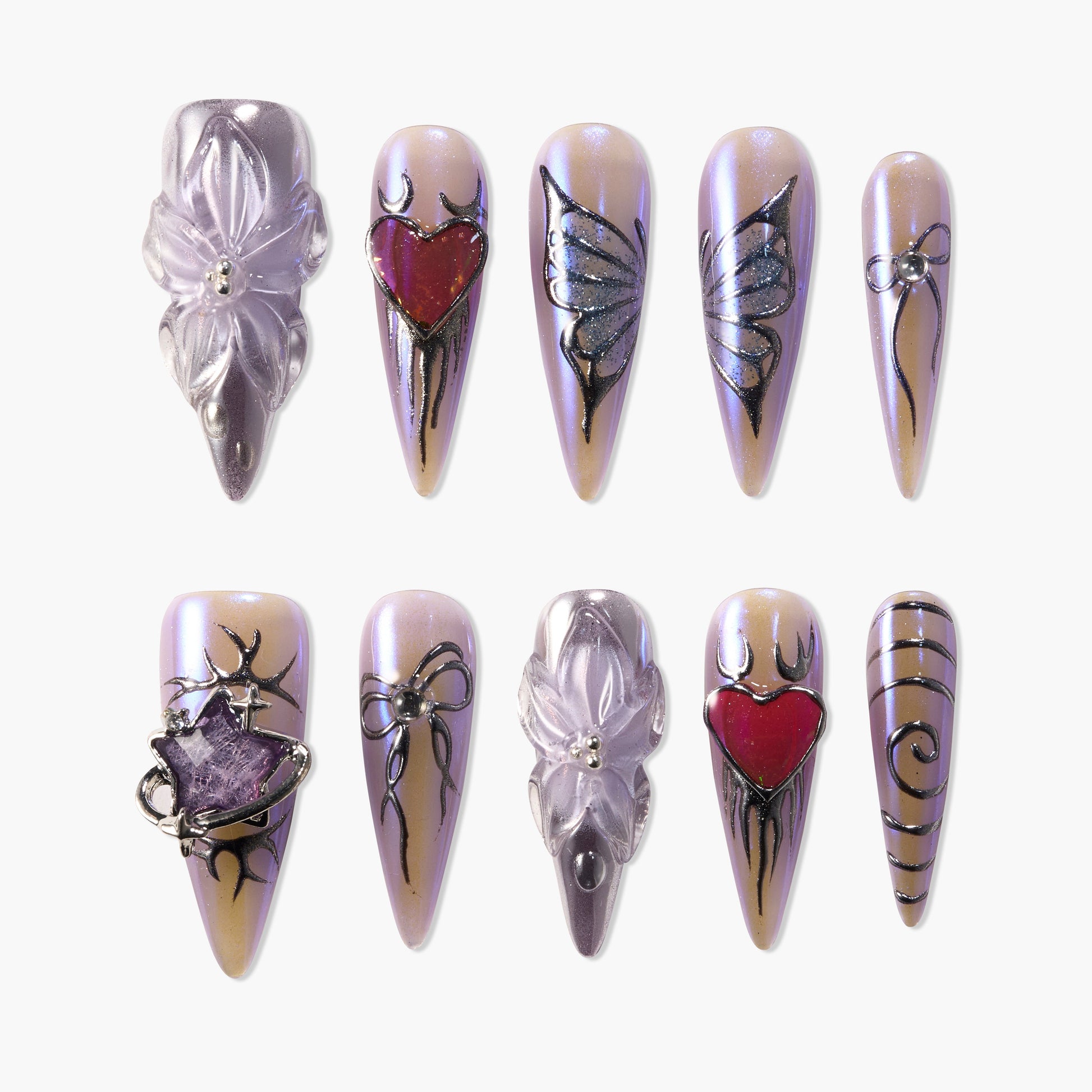 Handmade press-on nails with 3D flowers, hearts, butterflies, bows, and metallic accents