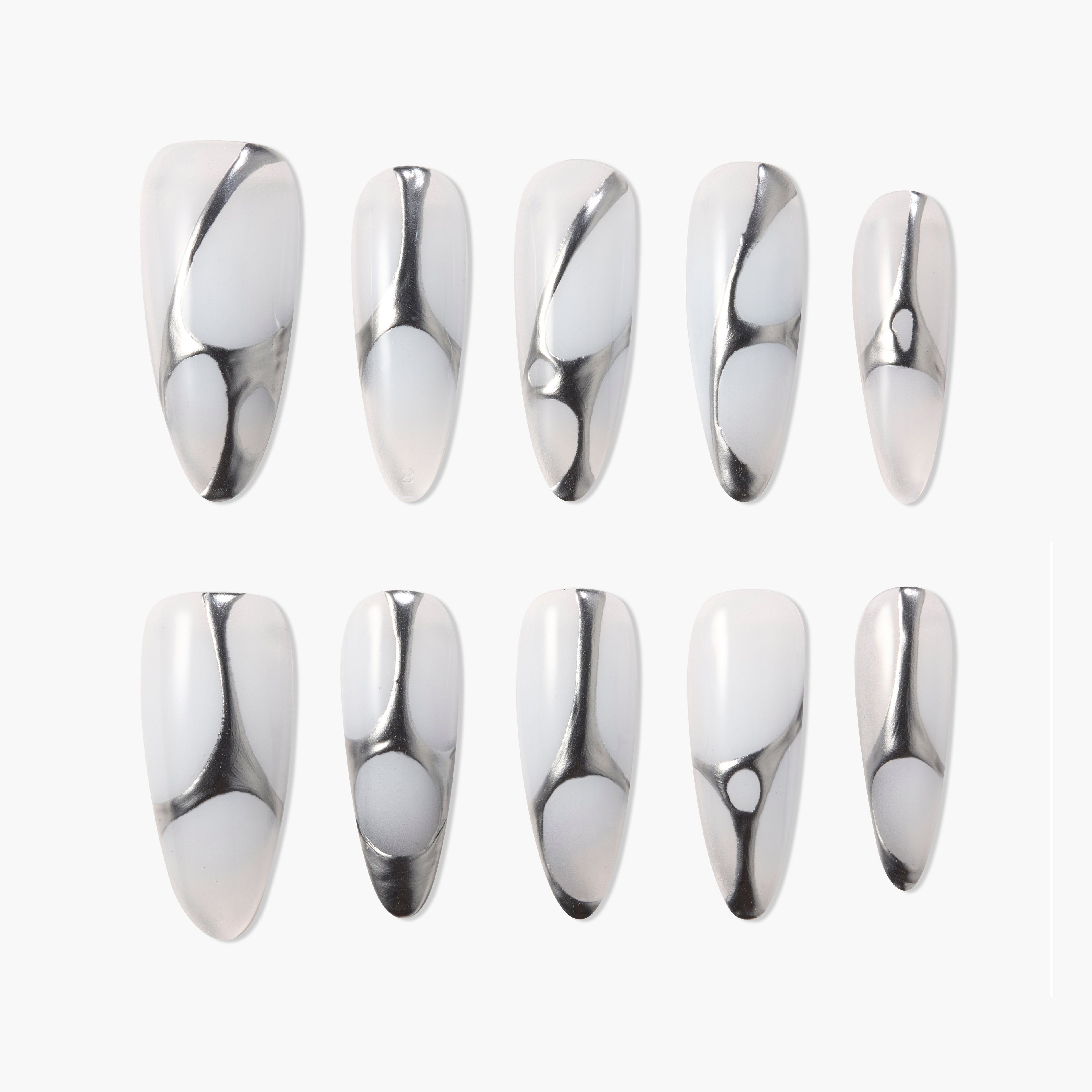 Set of white press-on nails with silver abstract metallic swirl design, coffin shape