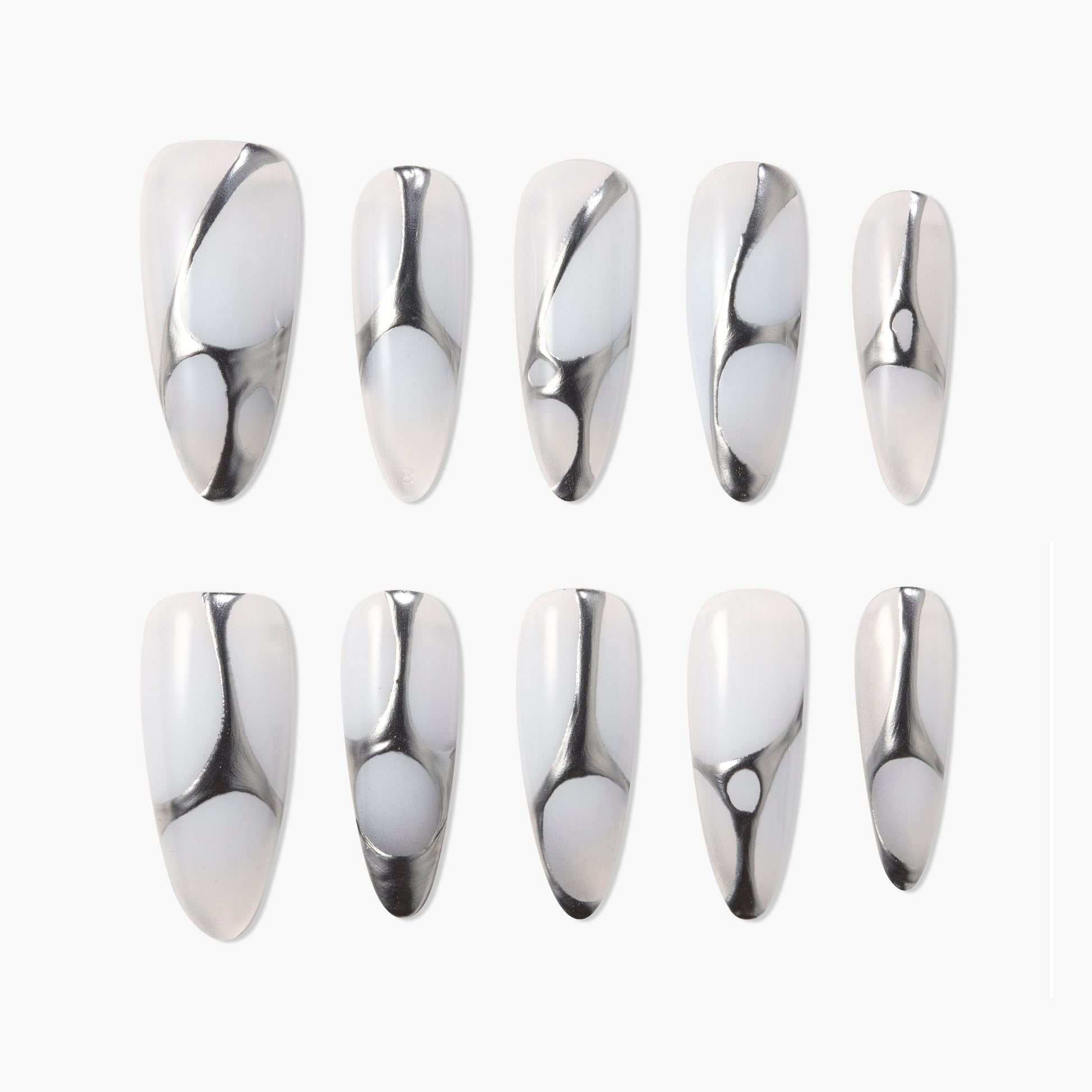 Set of white press-on nails with silver abstract metallic swirl design, coffin shape