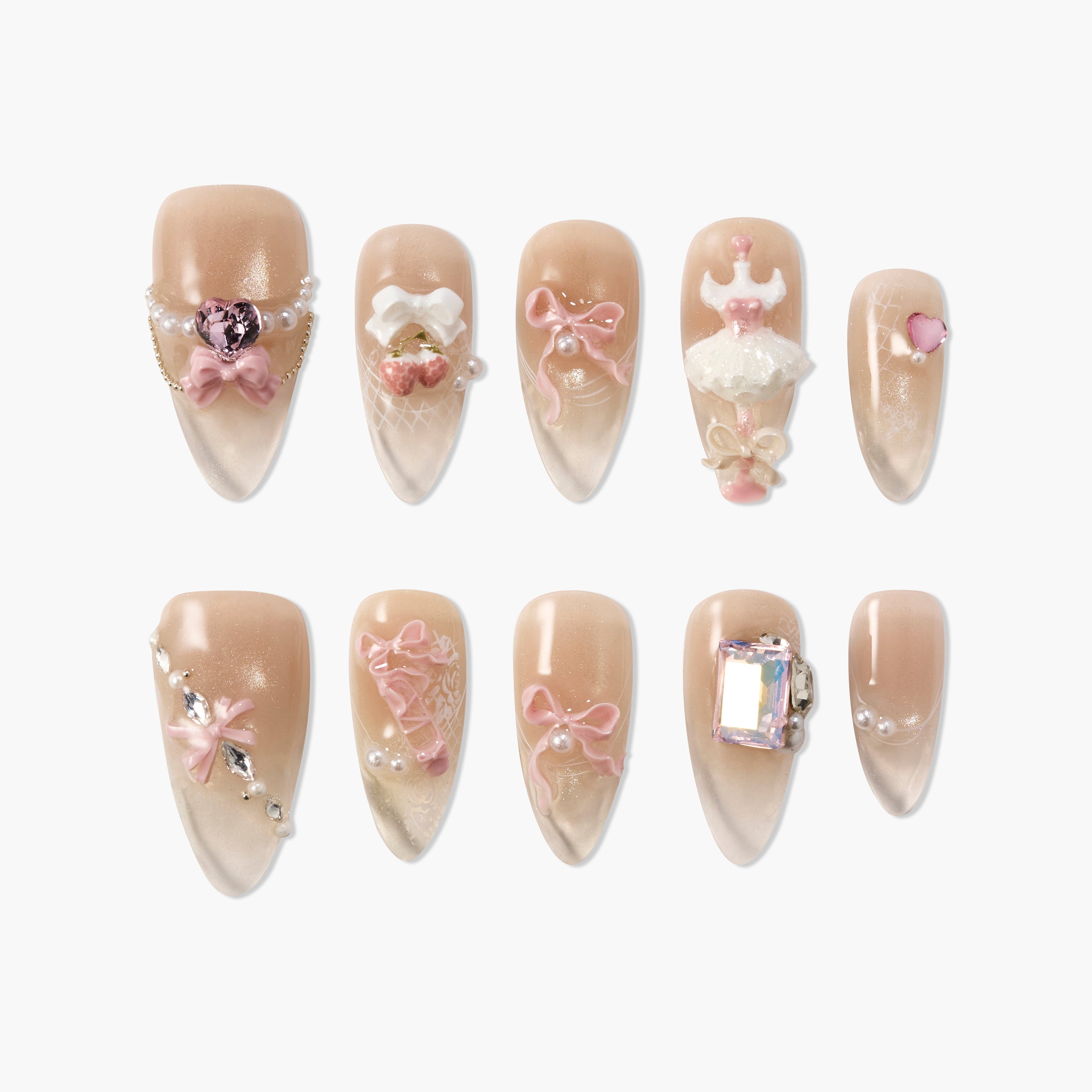 Handmade nude press-on nails with pink bows, pearls, gems, and ballet dress 3D art.