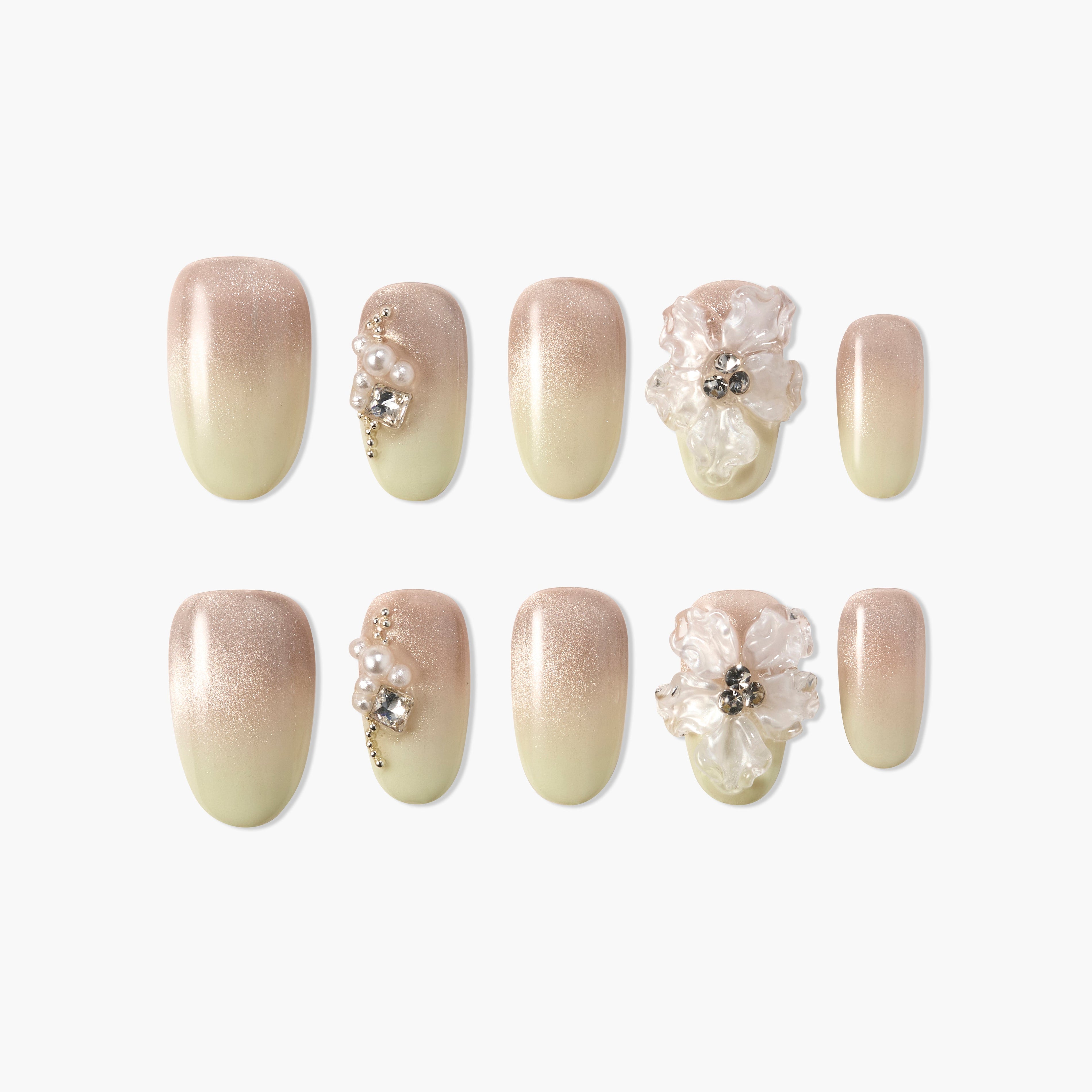 Handmade press-on nails with nude ombre, 3D floral and pearl rhinestone accents