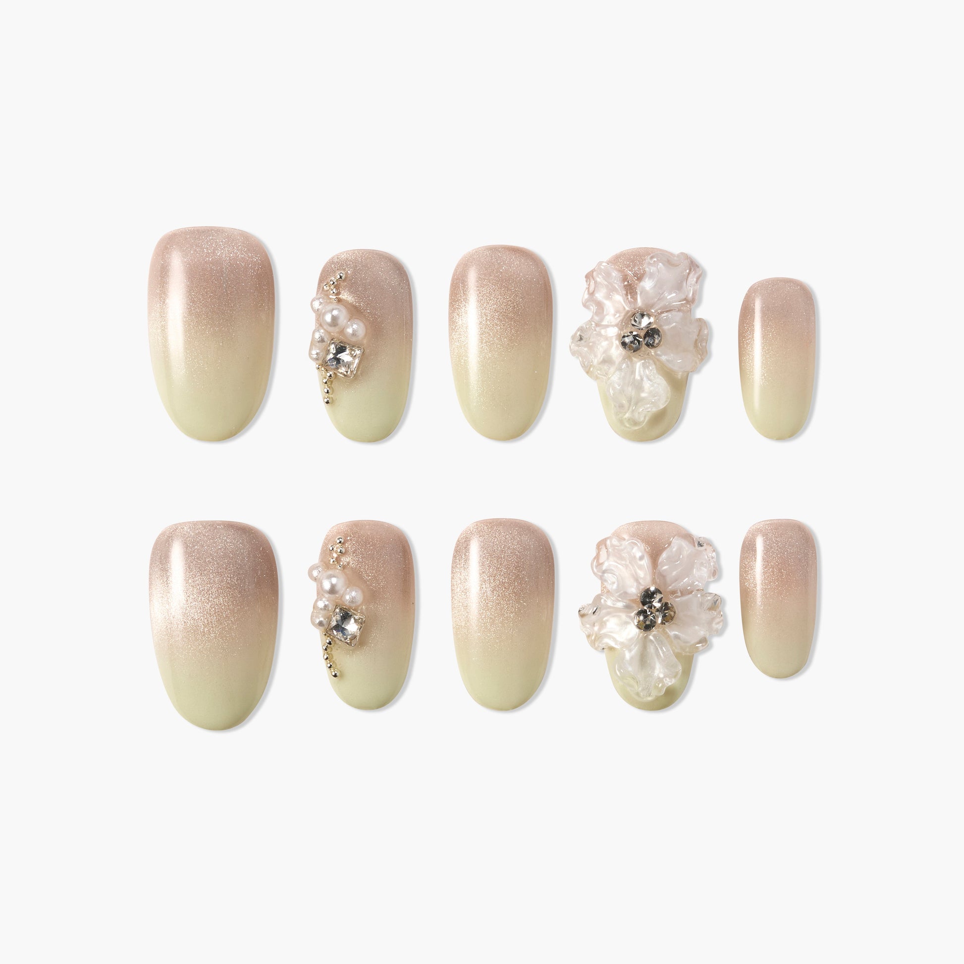 Handmade press-on nails with nude ombre, 3D floral and pearl rhinestone accents