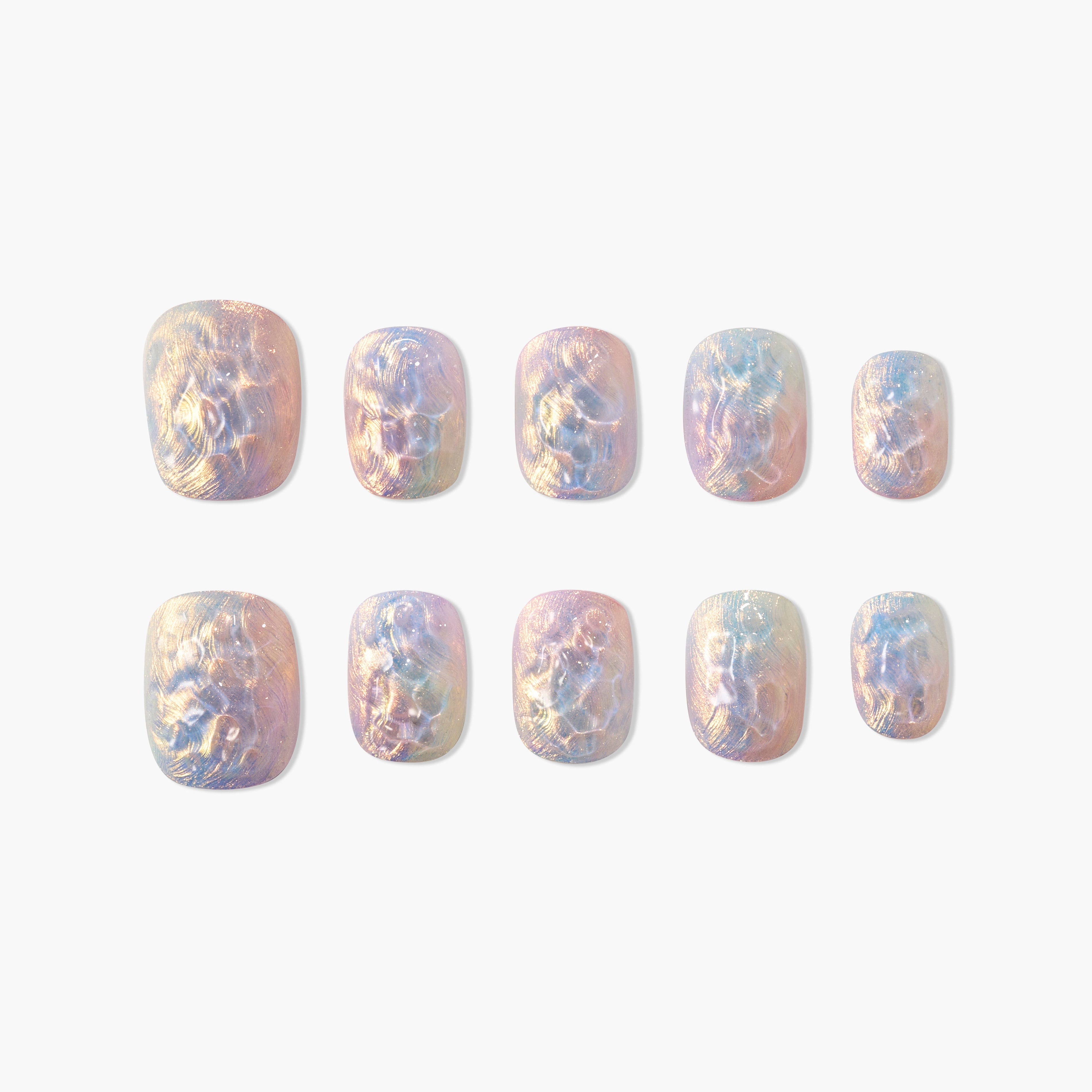 Set of iridescent pastel press-on nails with a marble swirl design on a white background