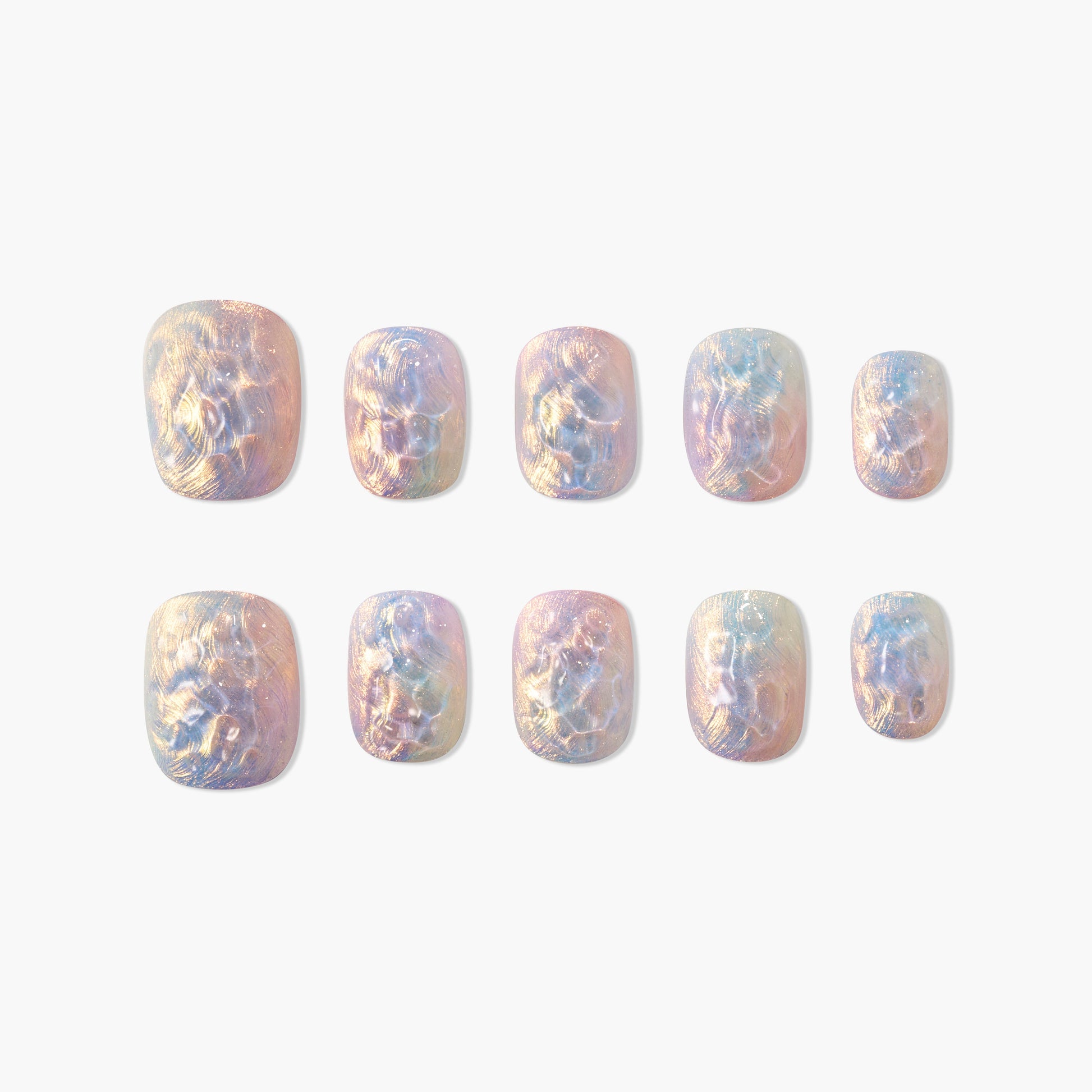 Set of iridescent pastel press-on nails with a marble swirl design on a white background