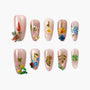 Handmade press-on nails with 3D floral and animal garden designs on nude base, reusable nail art