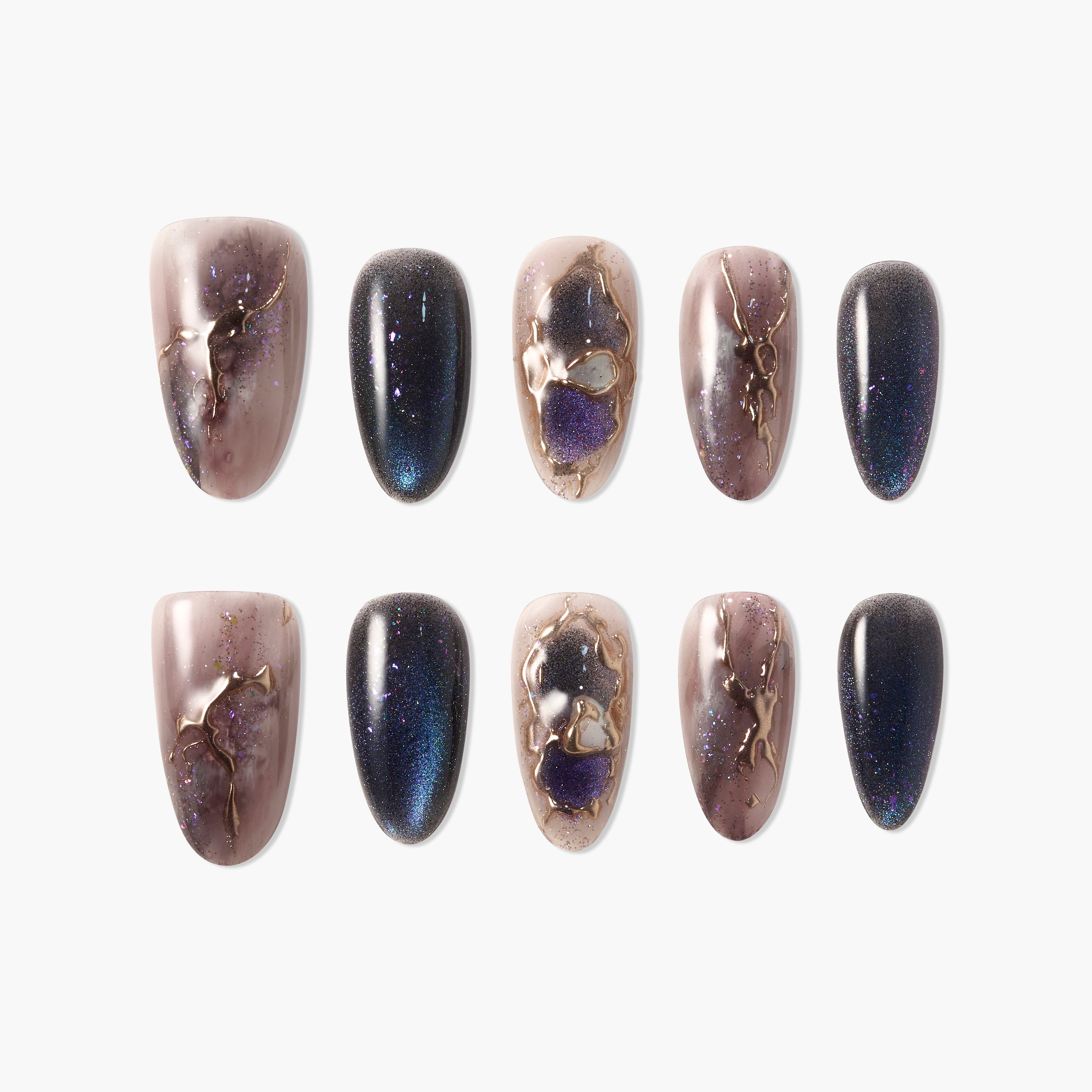 Handmade press-on nails with galaxy design, marble accents, and gold details on white background