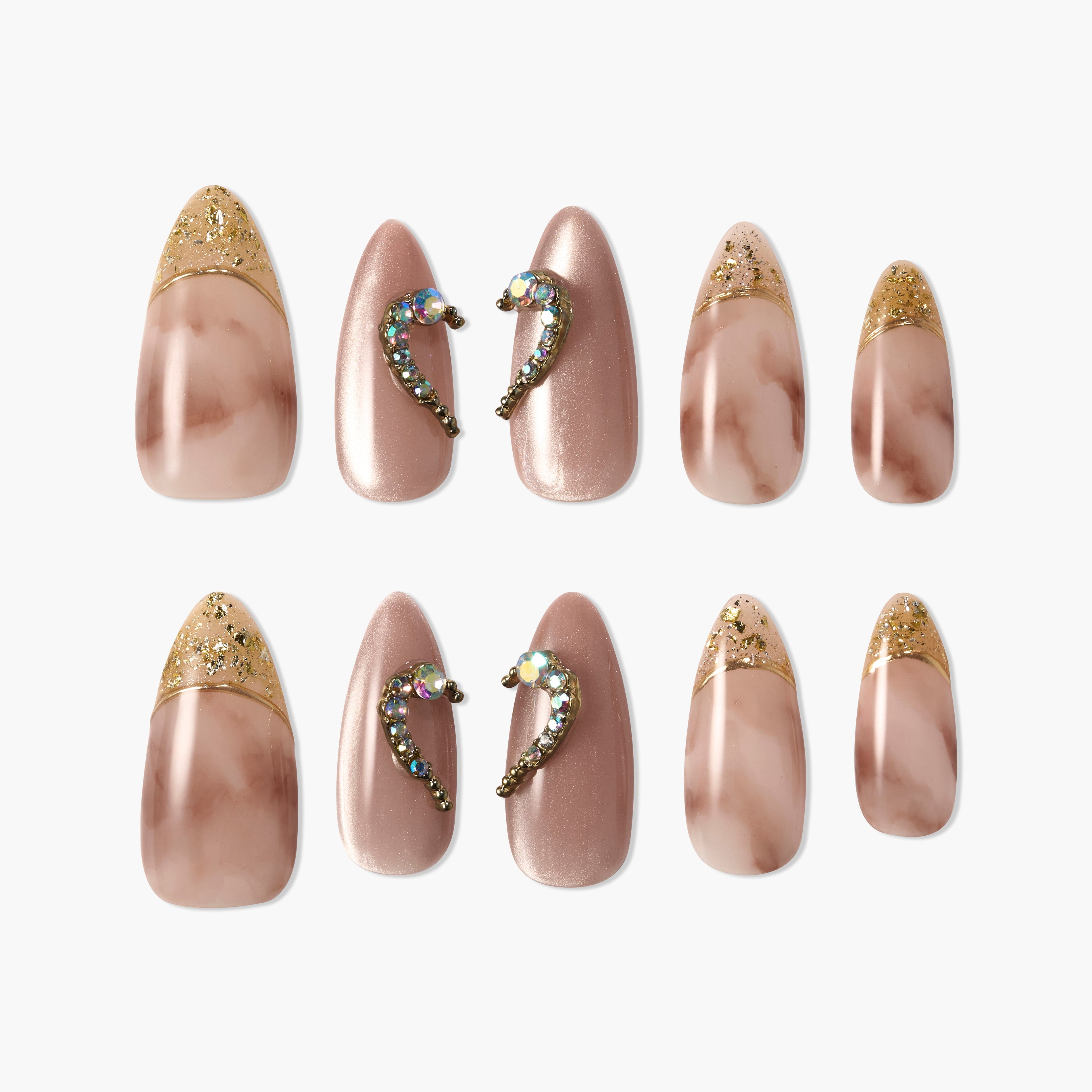 Handmade press-on nails in rose gold, marble design with gold glitter and rhinestone accents