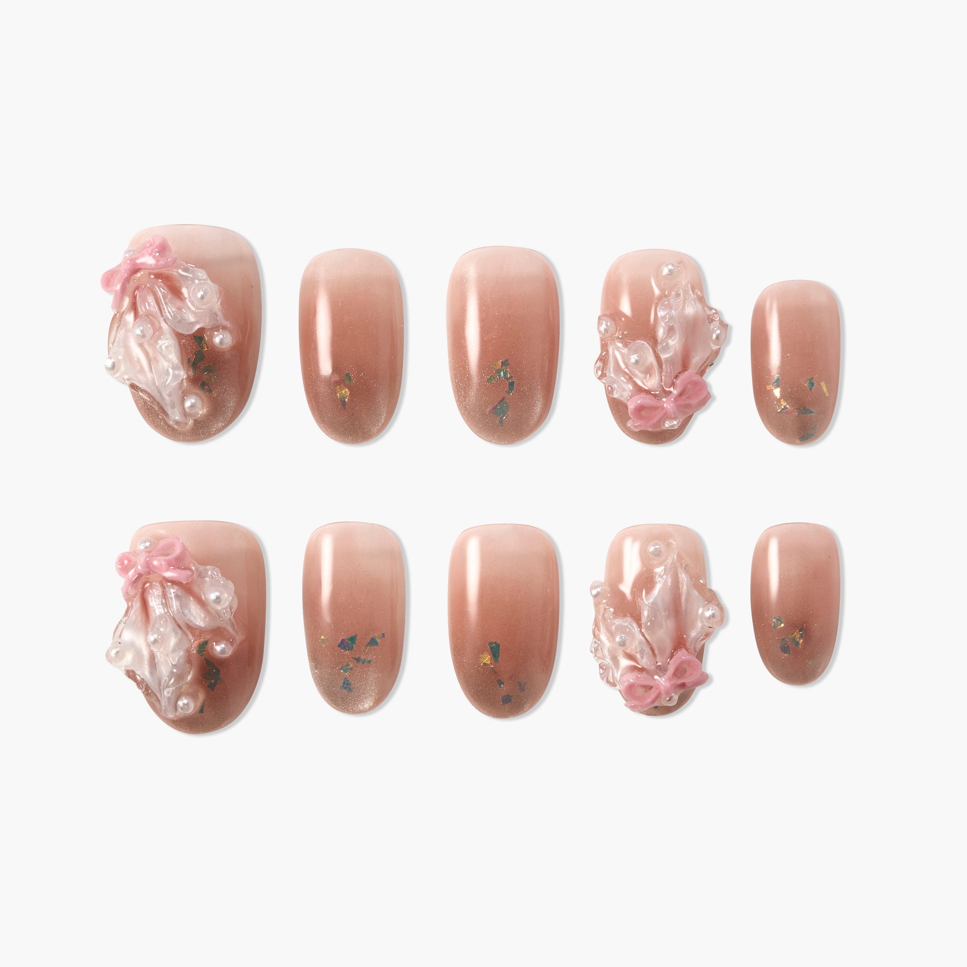 Handmade press-on nails with pink ombre, pearl 3D accents, floral and glitter design