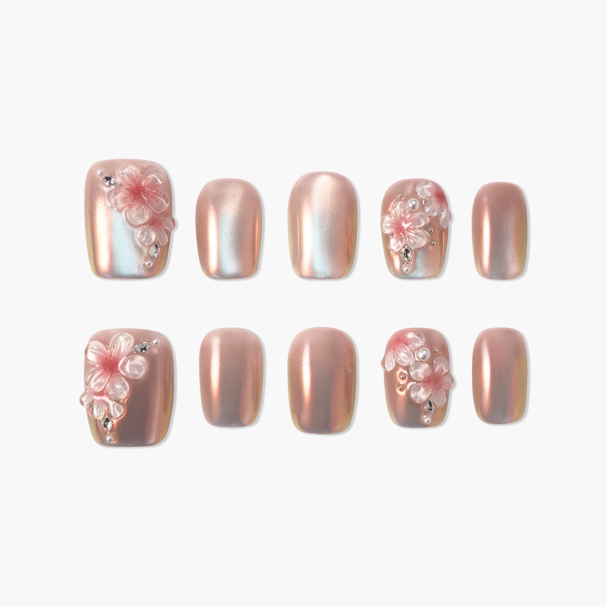 Handmade rose gold press-on nails with 3D pink flower and crystal accents, set of ten.
