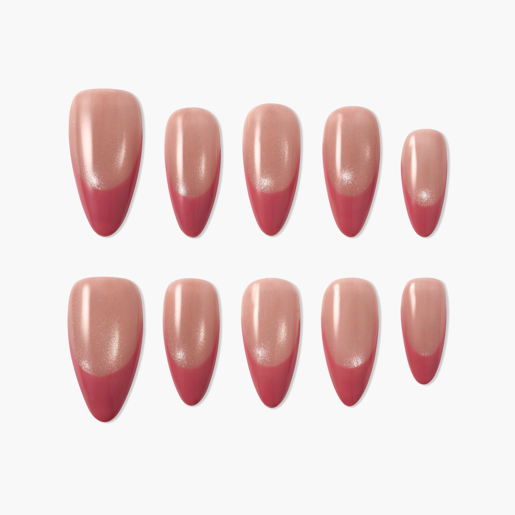 Almond-shaped pink and nude press-on nails set with glossy finish on white background