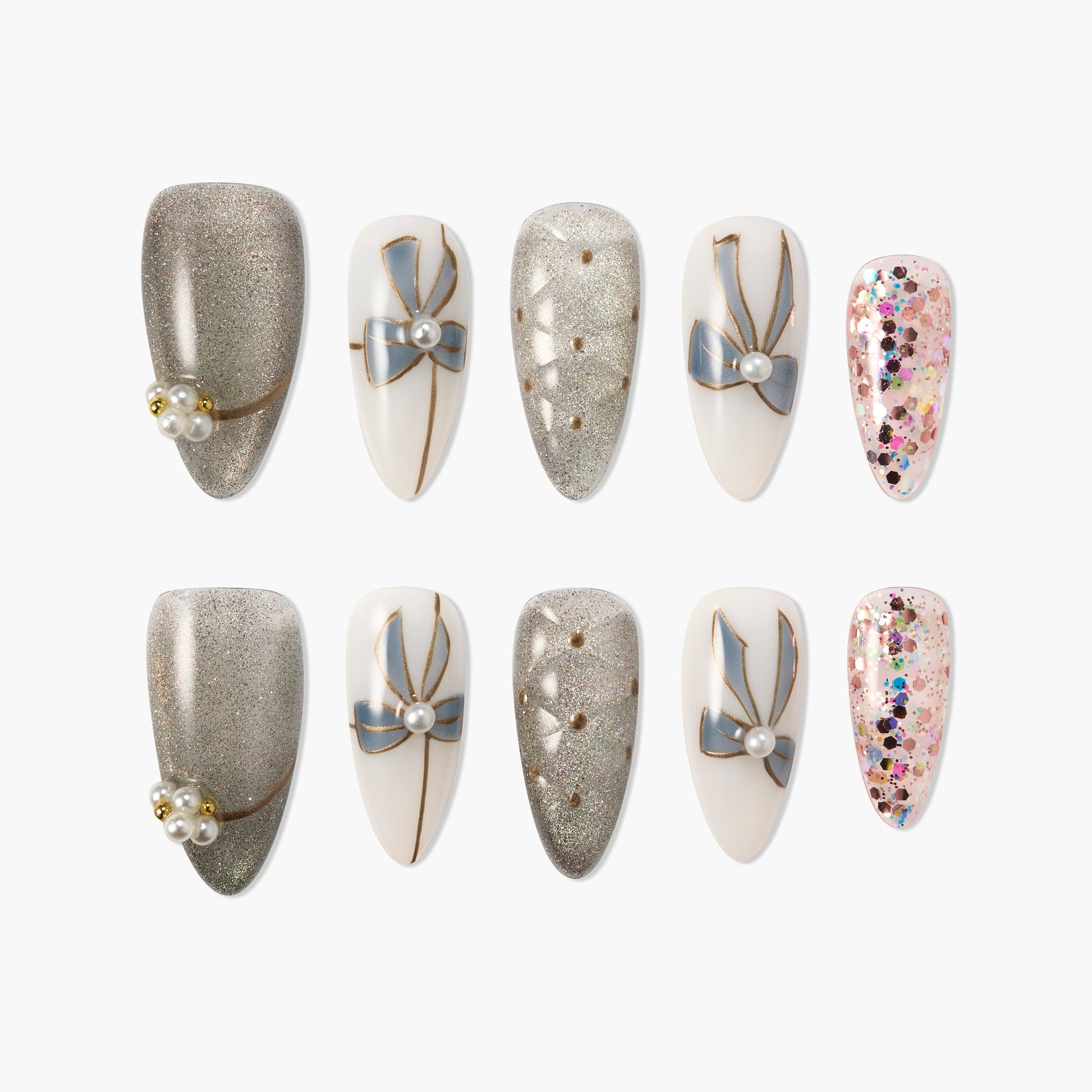 Handmade press-on nails with glitter, pearl accents, bows, and multicolor confetti design