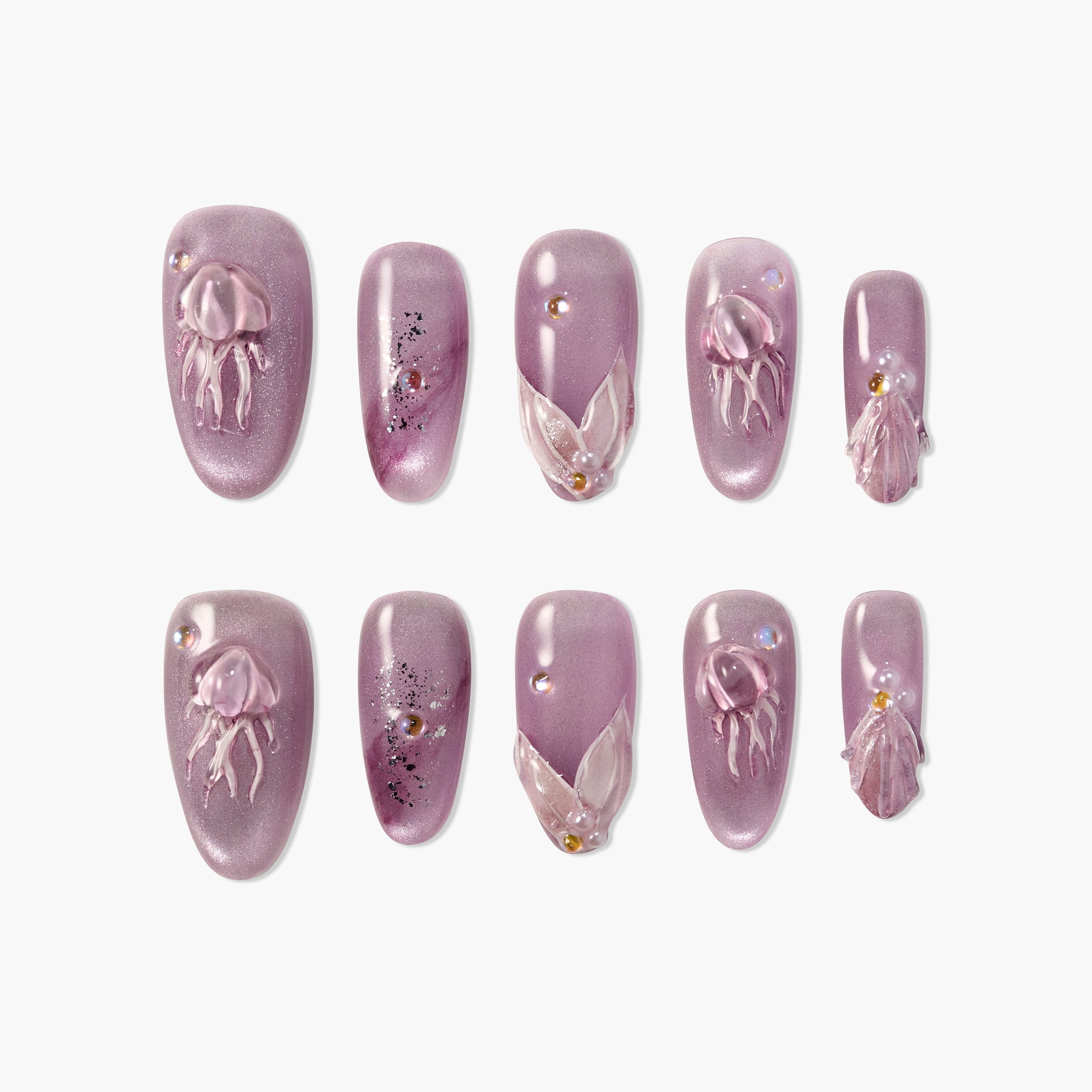Handmade mauve press-on nails with 3D jellyfish, pearl and glitter accents, glossy finish