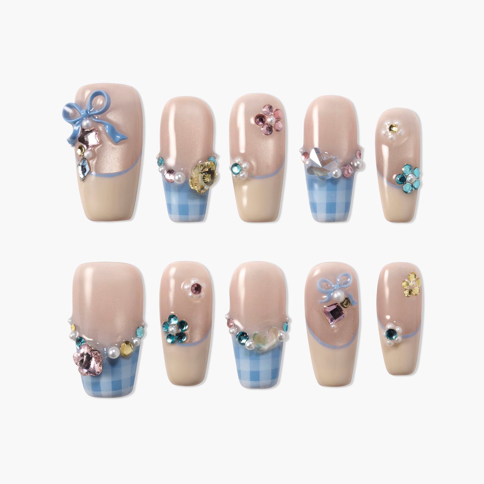 Blue gingham press-on nails with pastel 3D bows, gems, and pearl embellishments