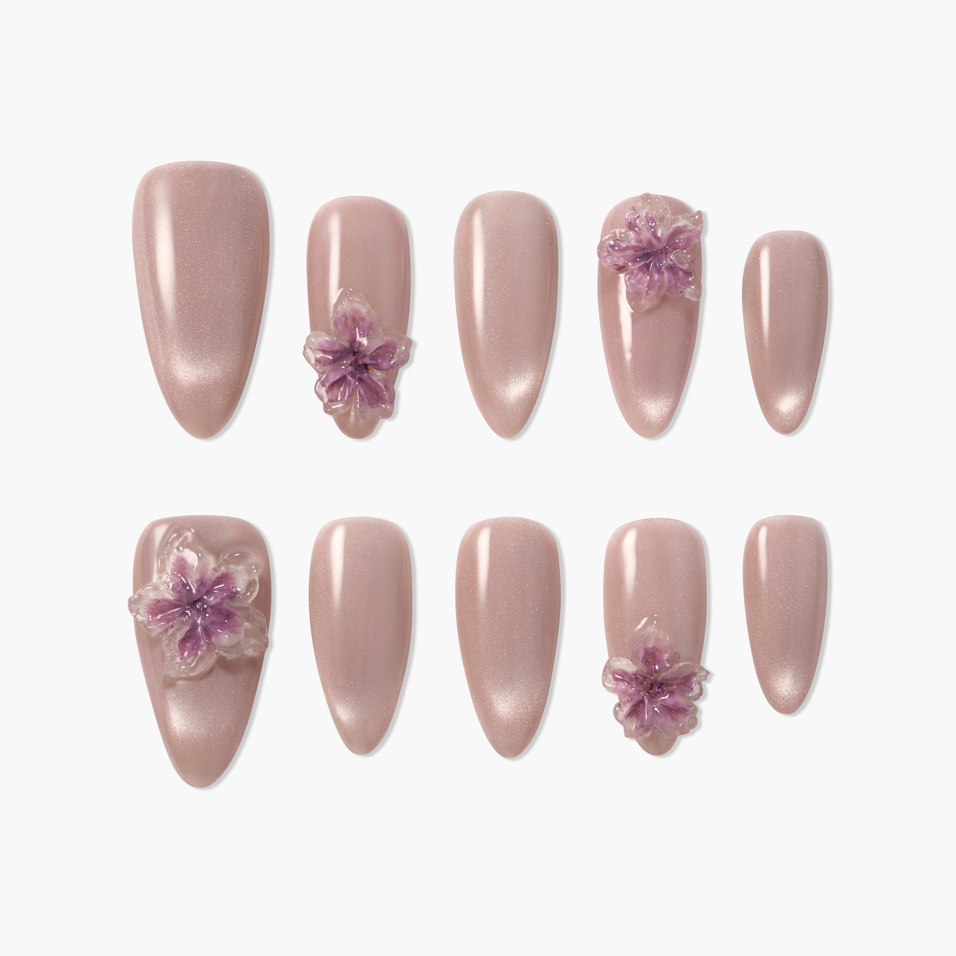 Handmade pink press-on nails with 3D purple floral accents, medium almond shape