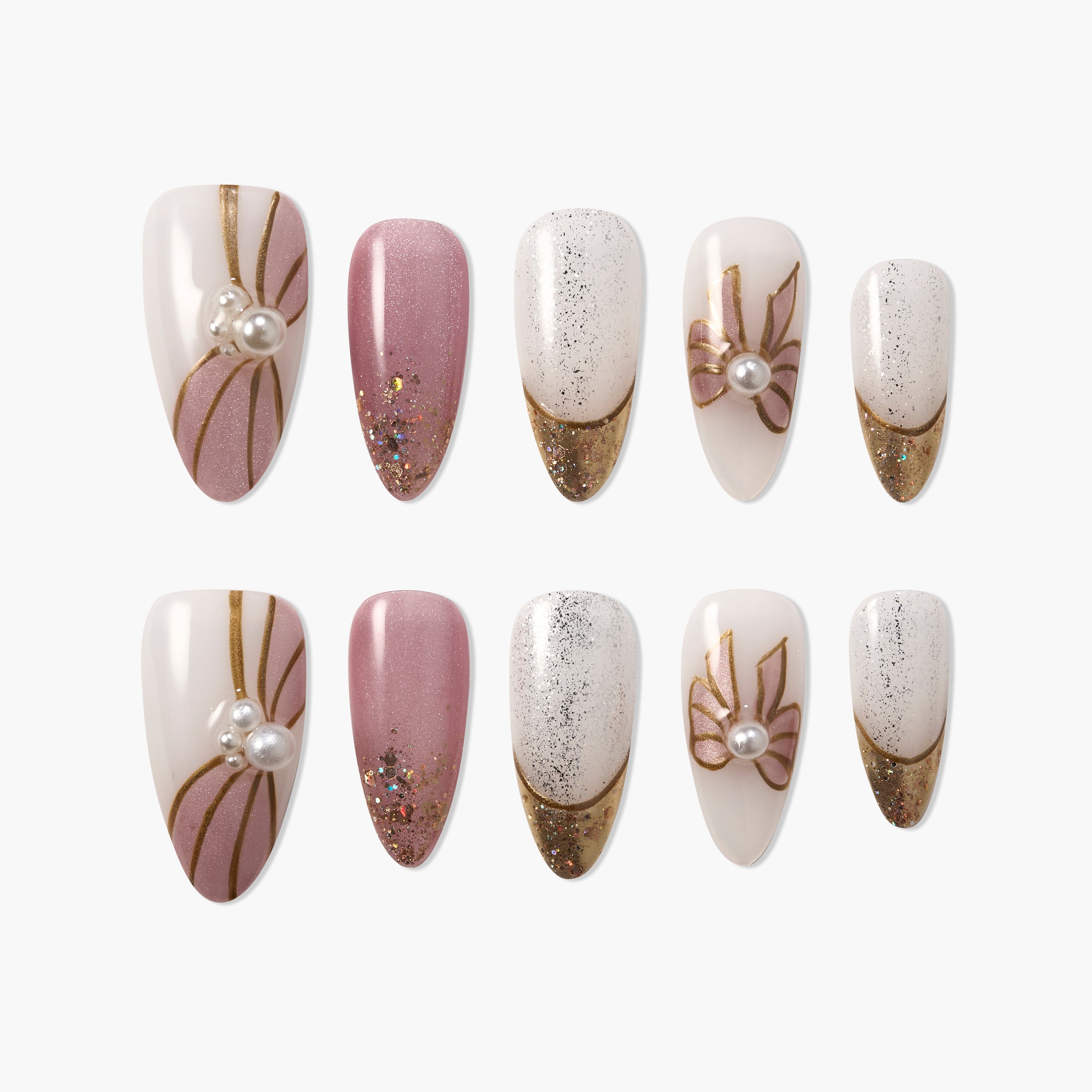 Handmade press-on nails with pink, gold glitter, pearl accents, and floral designs