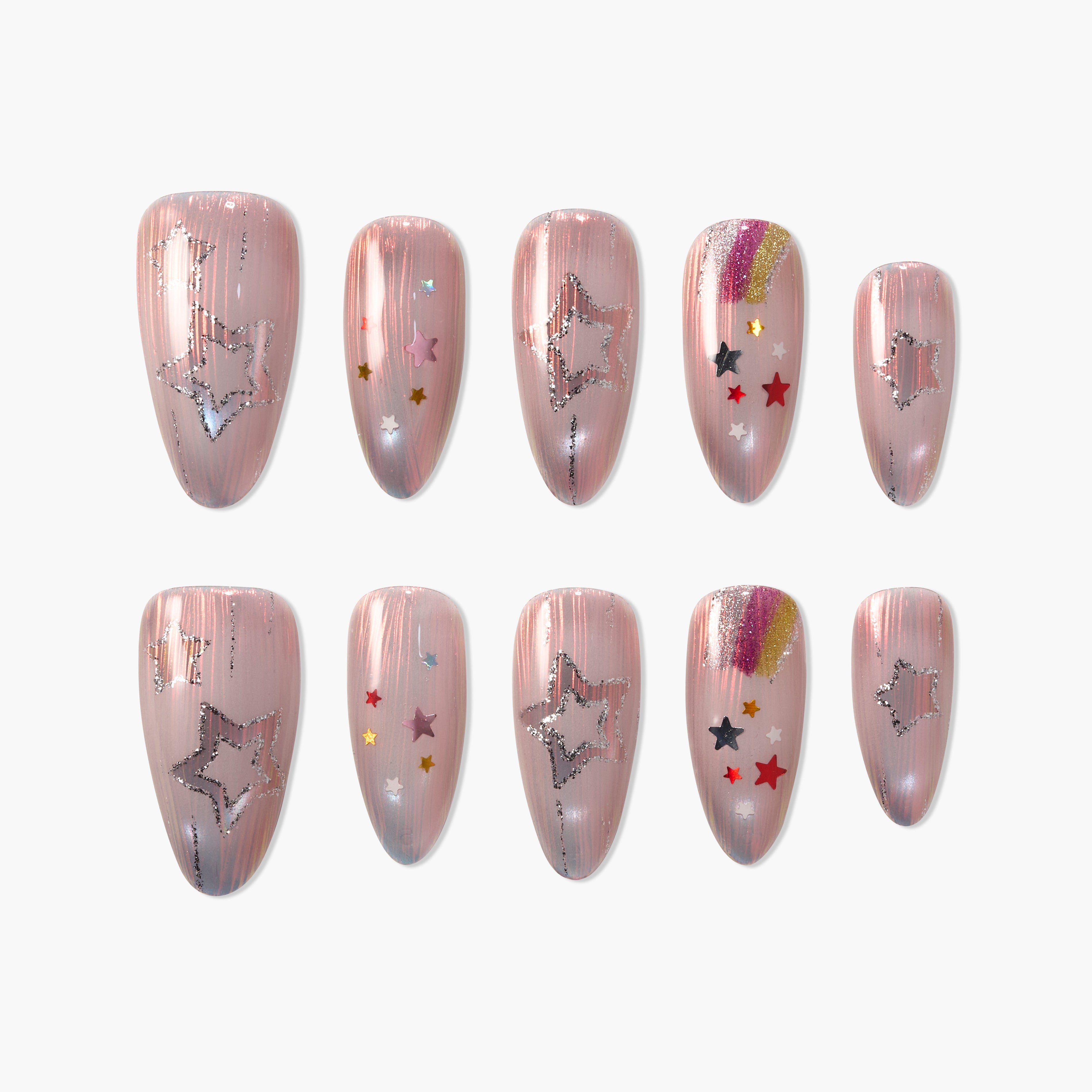 Handmade press-on nails with pink base, star glitter, and colorful star accents