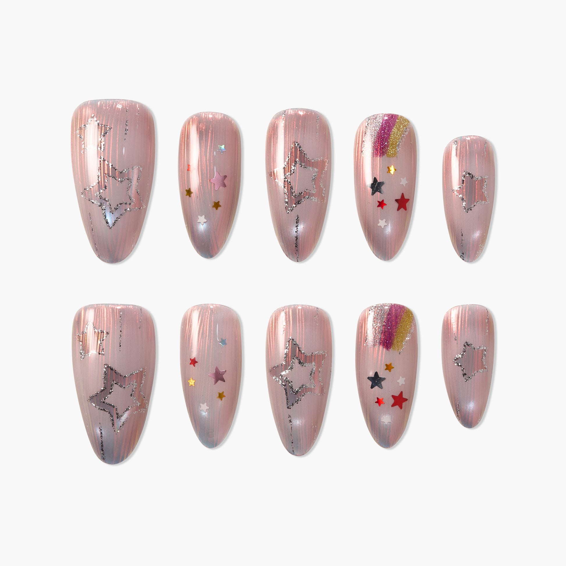 Handmade press-on nails with pink base, star glitter, and colorful star accents