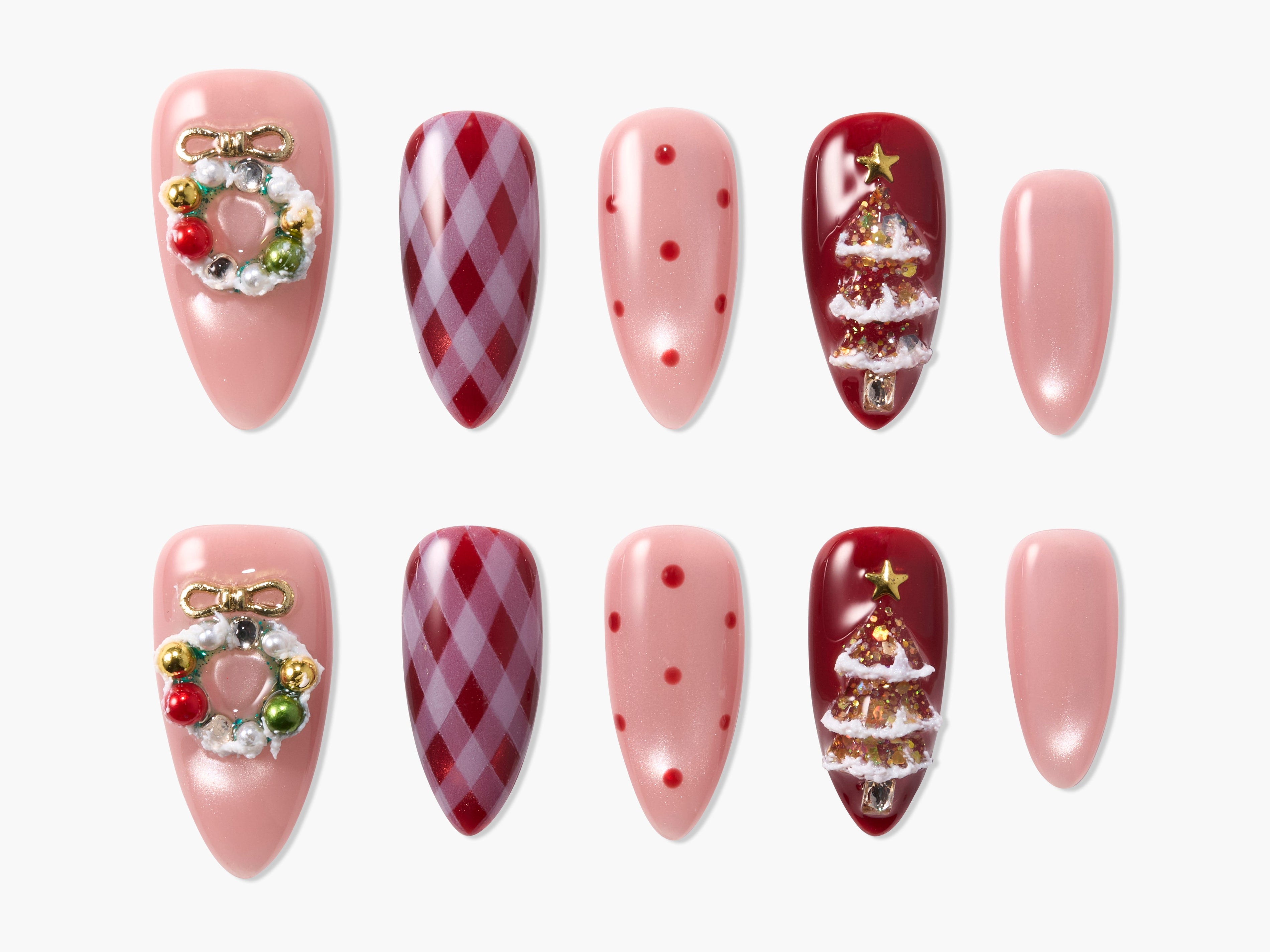 Christmas press-on nails set with pink, red, glitter, plaid, wreath, and tree designs