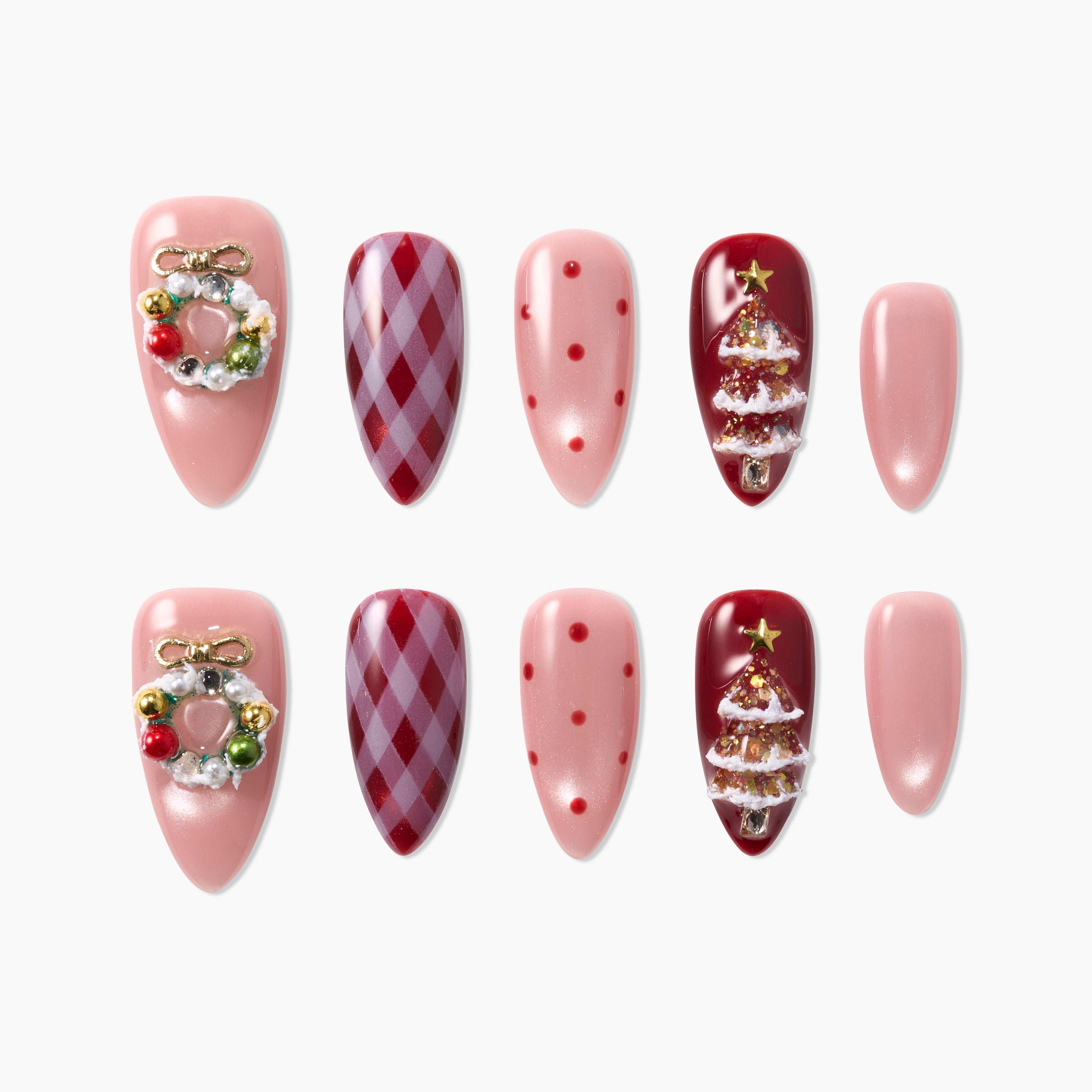 Christmas press-on nails set with pink, red, glitter, plaid, wreath, and tree designs