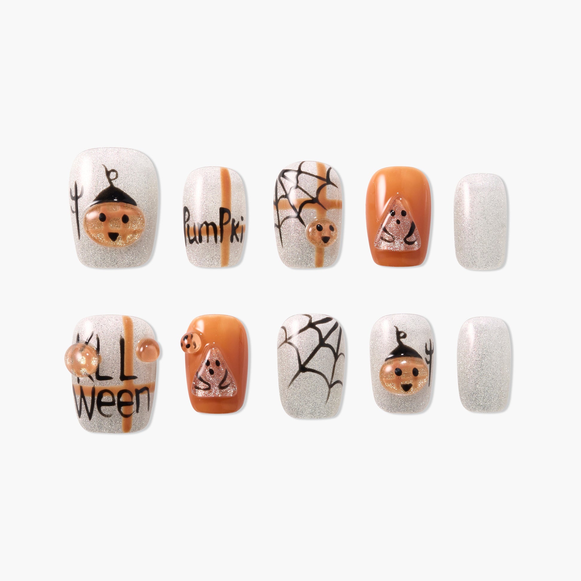 Halloween-themed press-on nails with pumpkins, spider webs, and glitter accents