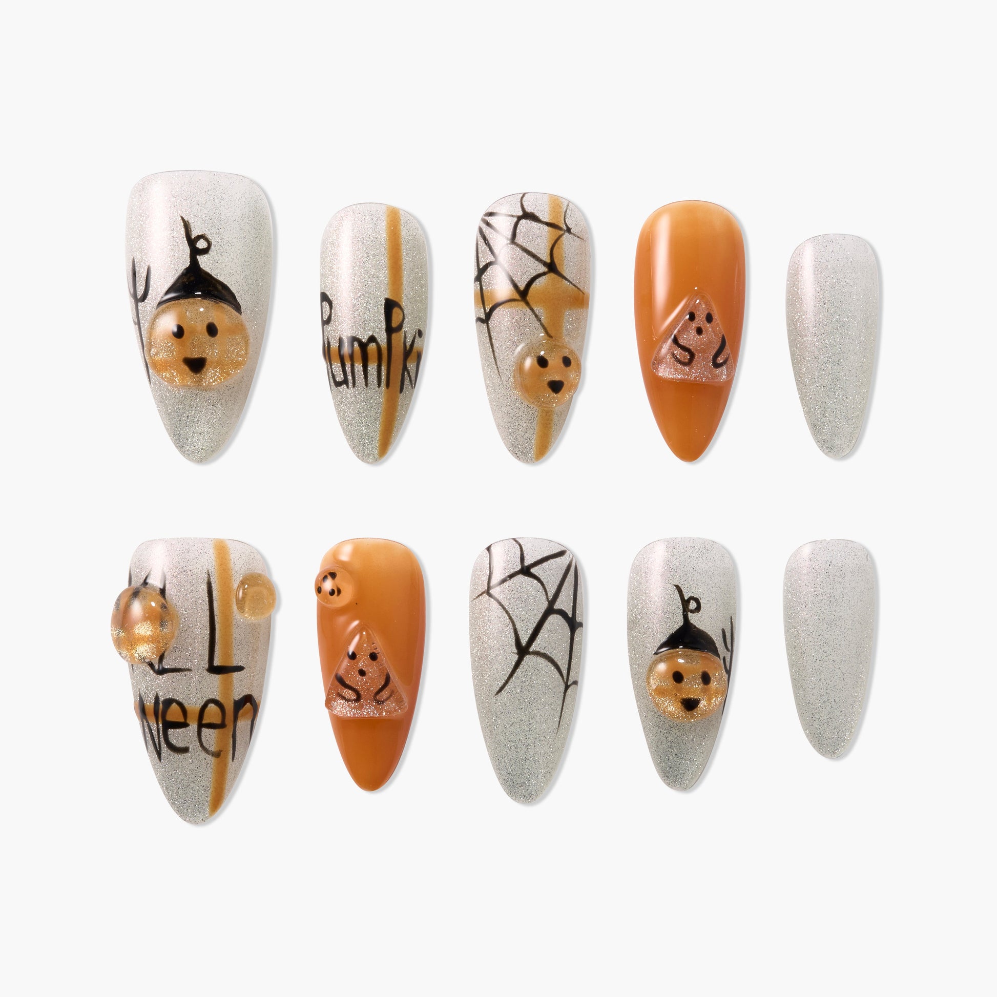 Handmade Halloween press-on nails with pumpkin faces, spider web, orange and silver glitter design