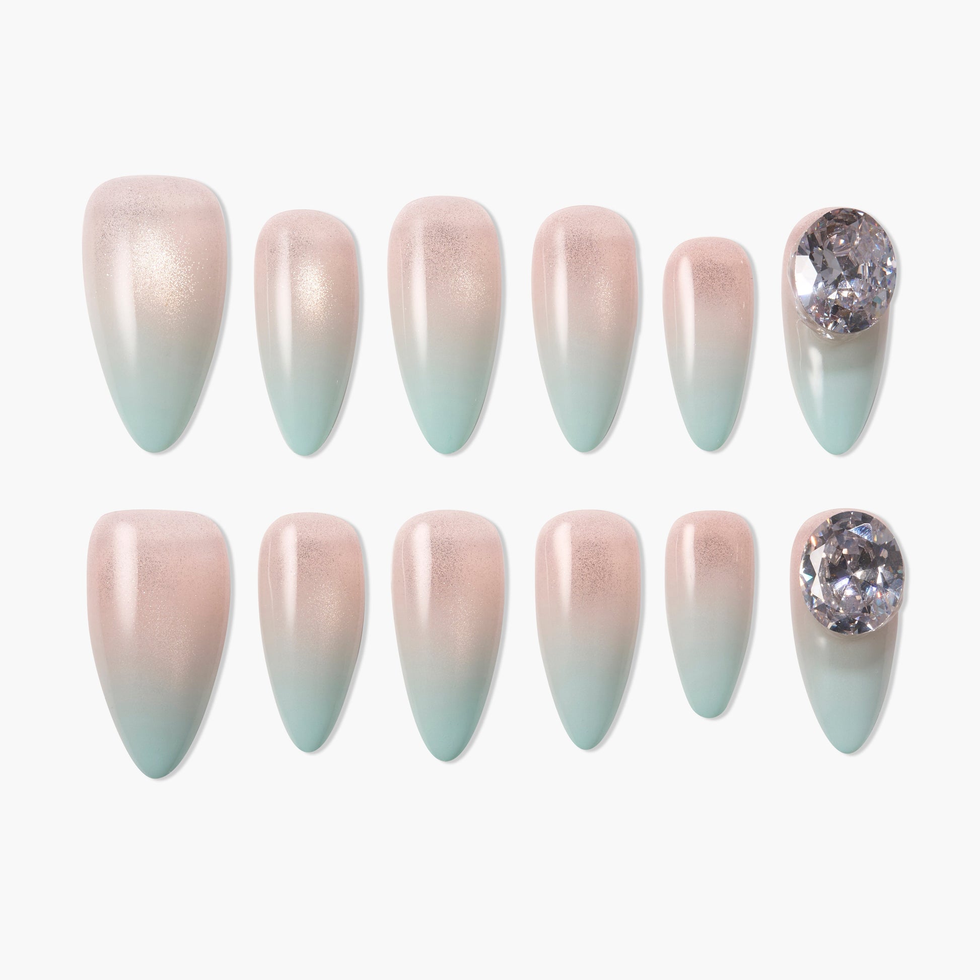 Ombre press-on nails in pale pink and mint with large rhinestone accent, salon-quality set