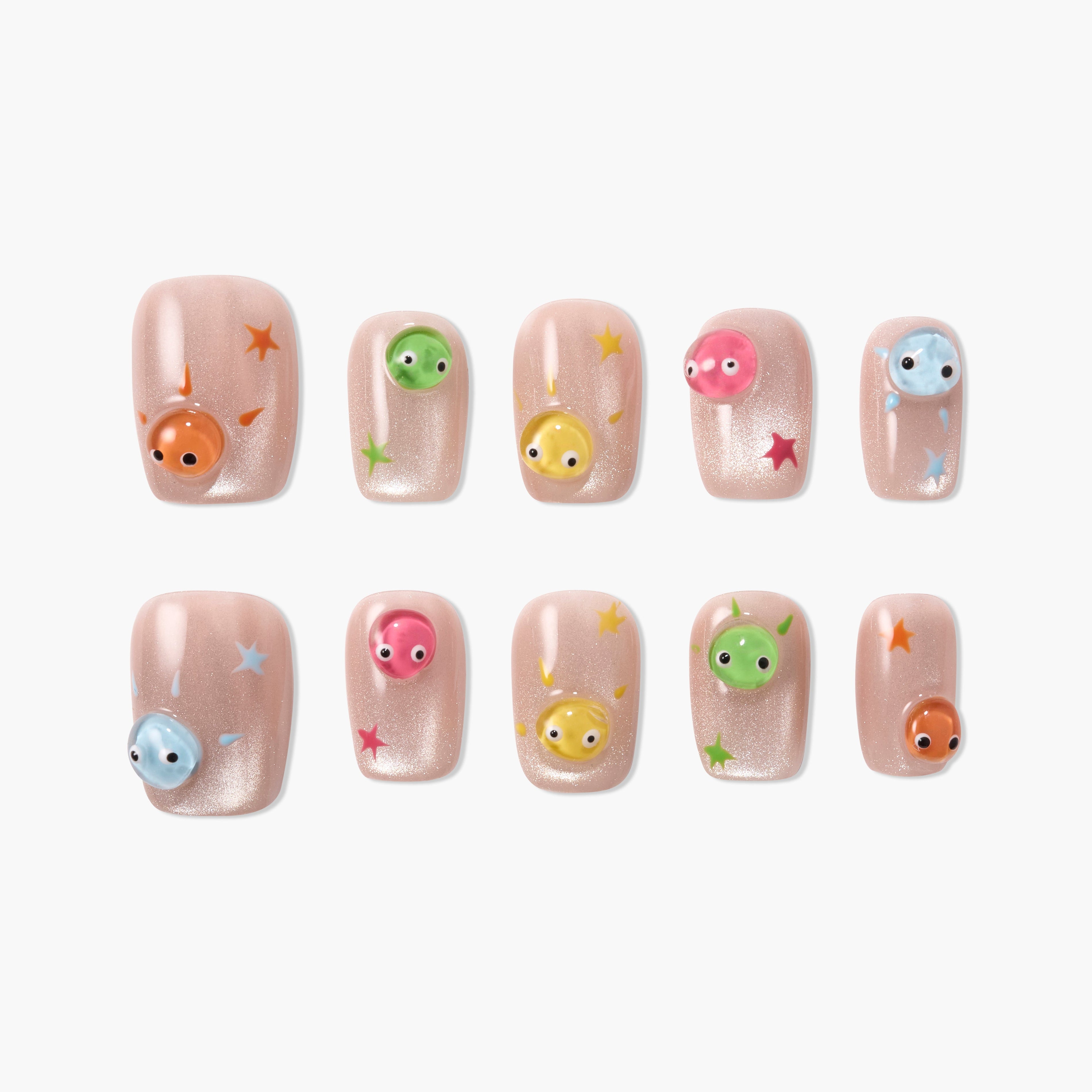 Handmade press-on nails with 3D colorful animal faces and star accents on nude base