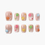 Handmade press-on nails with 3D colorful animal faces and star accents on nude base