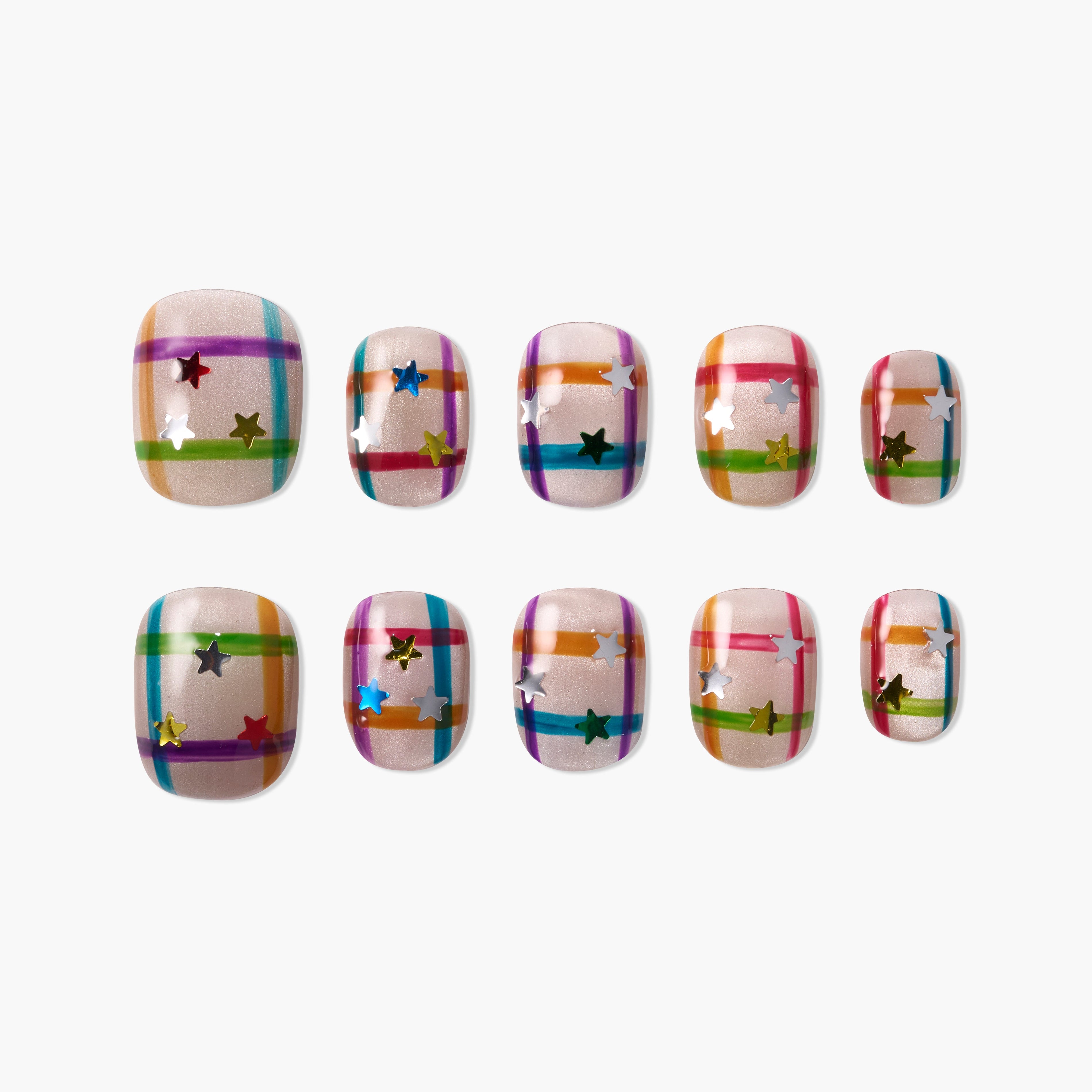 Colorful plaid press-on nails with star confetti, handmade, reusable nail set