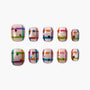 Colorful plaid press-on nails with star confetti, handmade, reusable nail set