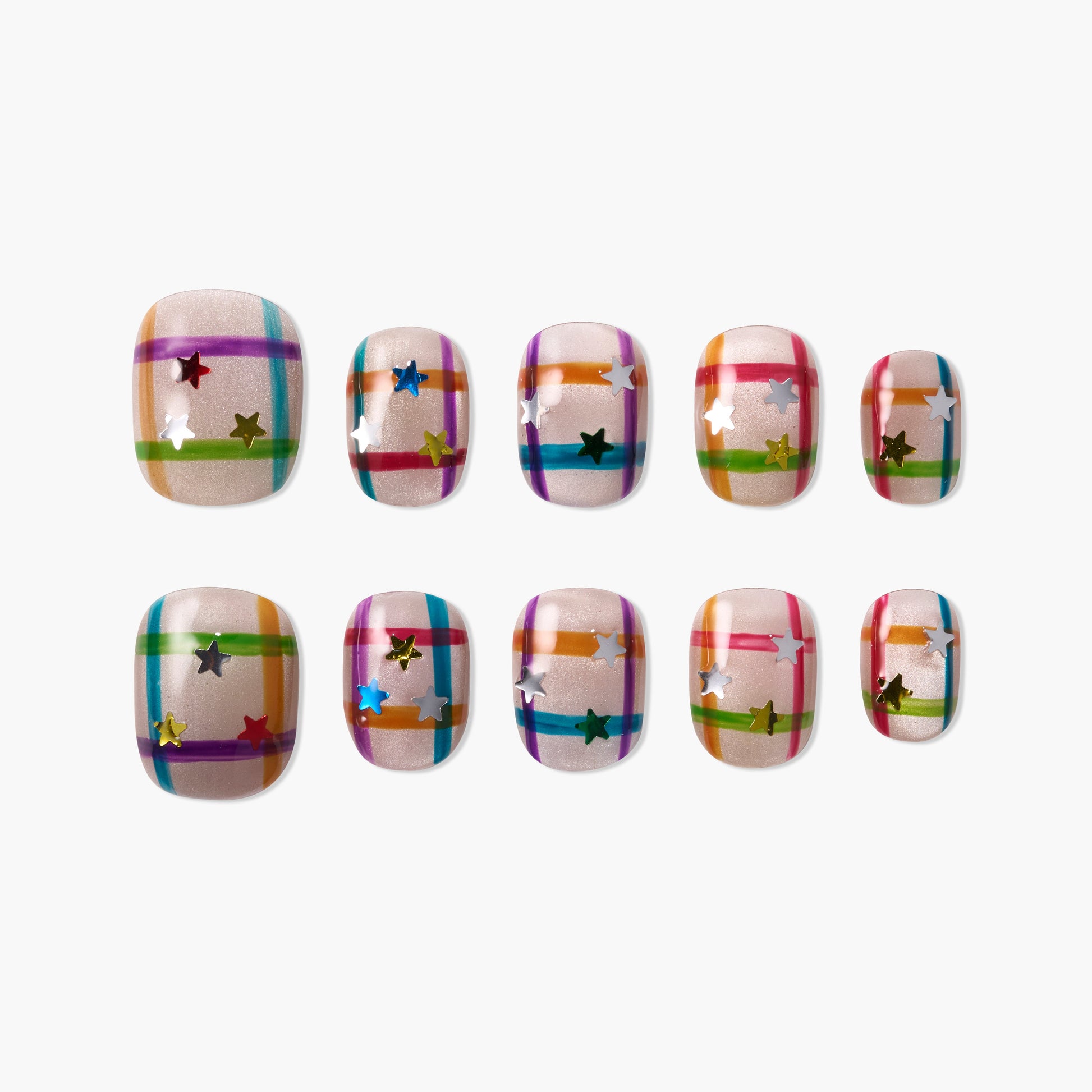 Colorful plaid press-on nails with star confetti, handmade, reusable nail set