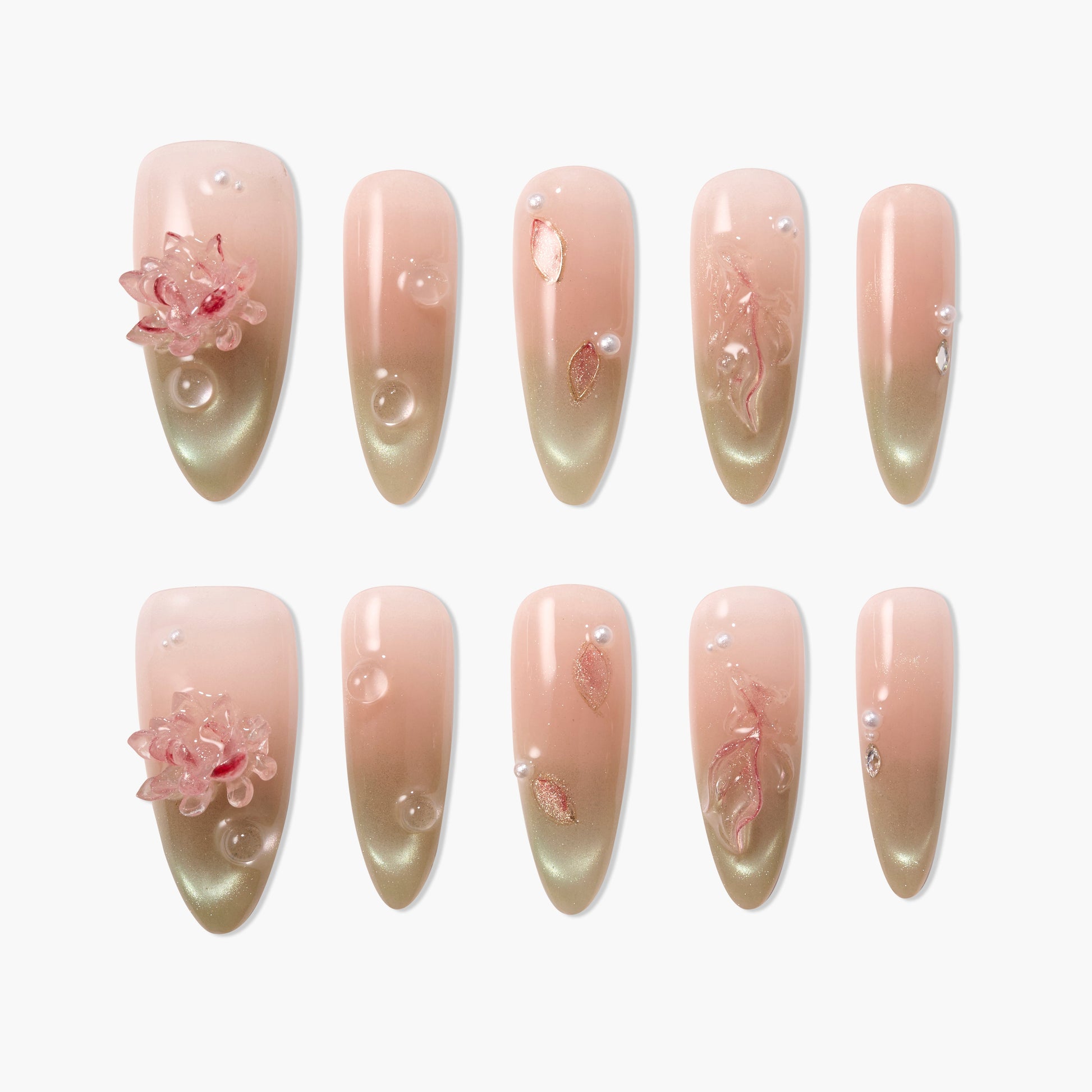 Pink and green ombre press-on nails with 3D flower, pearls, and leaf accents