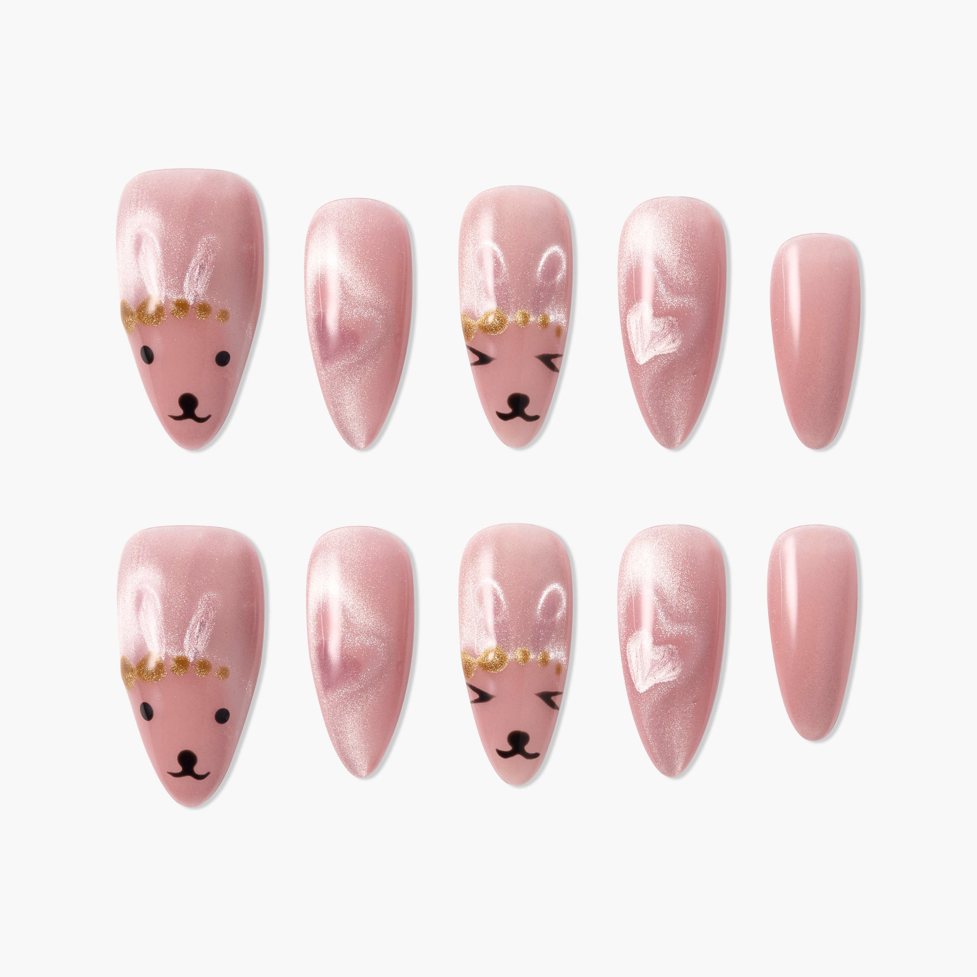 Pink press-on nails with cute bunny faces and gold accents, glossy finish, playful nail art