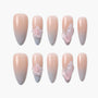 Handmade press-on nails with nude to grey ombre and 3D floral designs, glossy finish