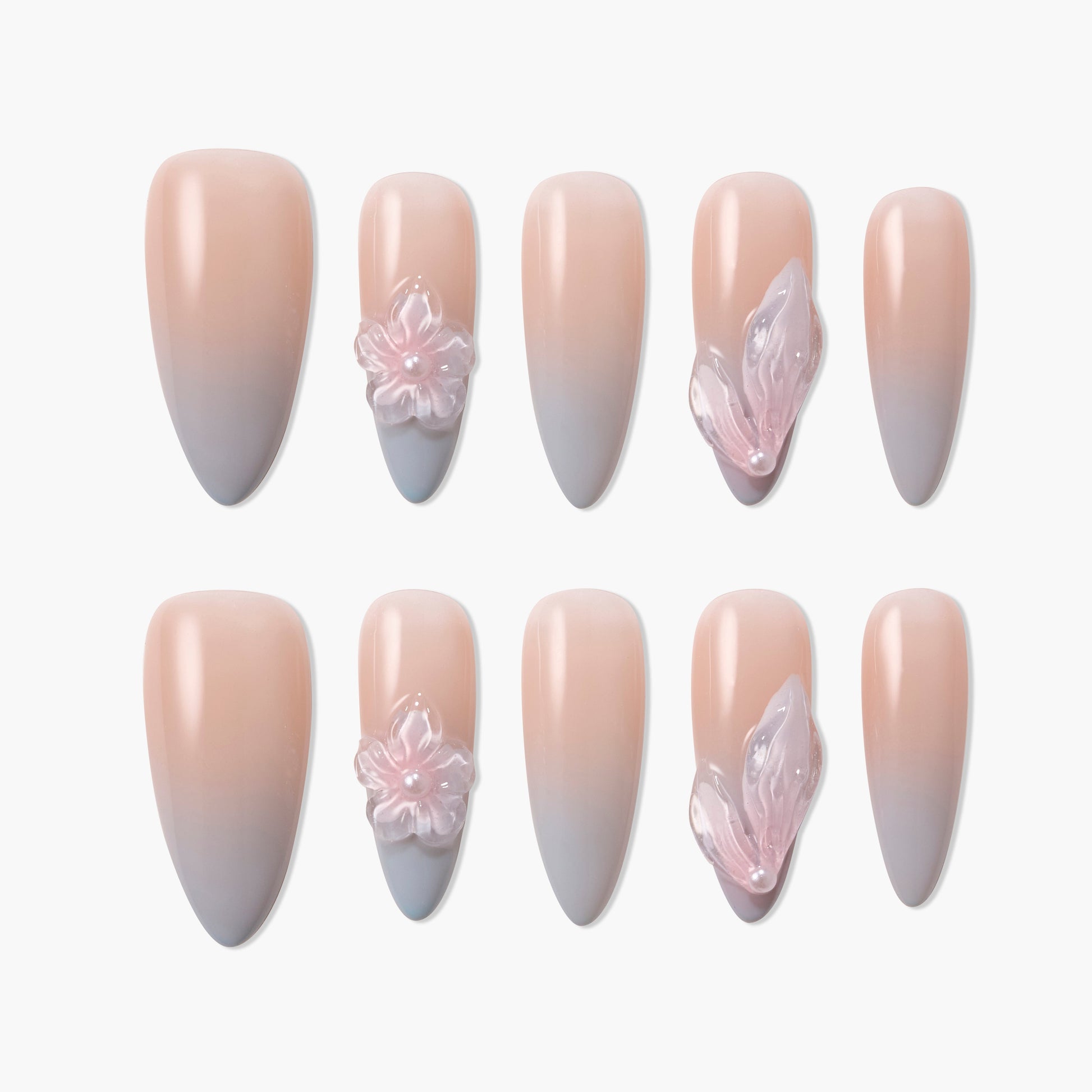 Handmade press-on nails with nude to grey ombre and 3D floral designs, glossy finish