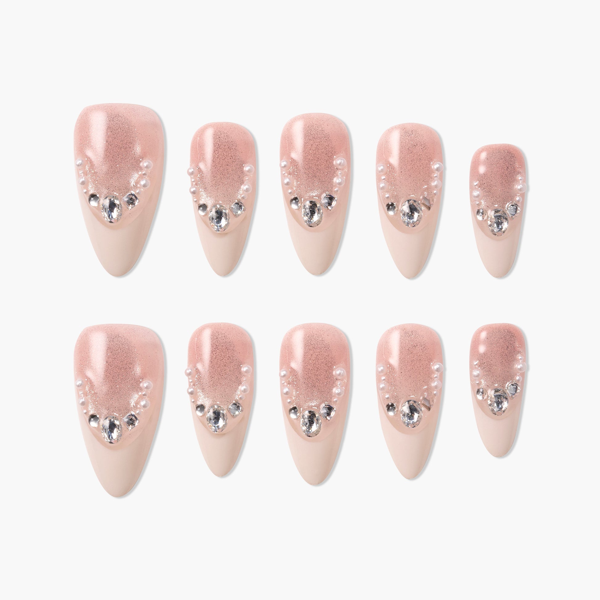 Pink ombre press-on nails with pearl and crystal rhinestone accents, set of ten.