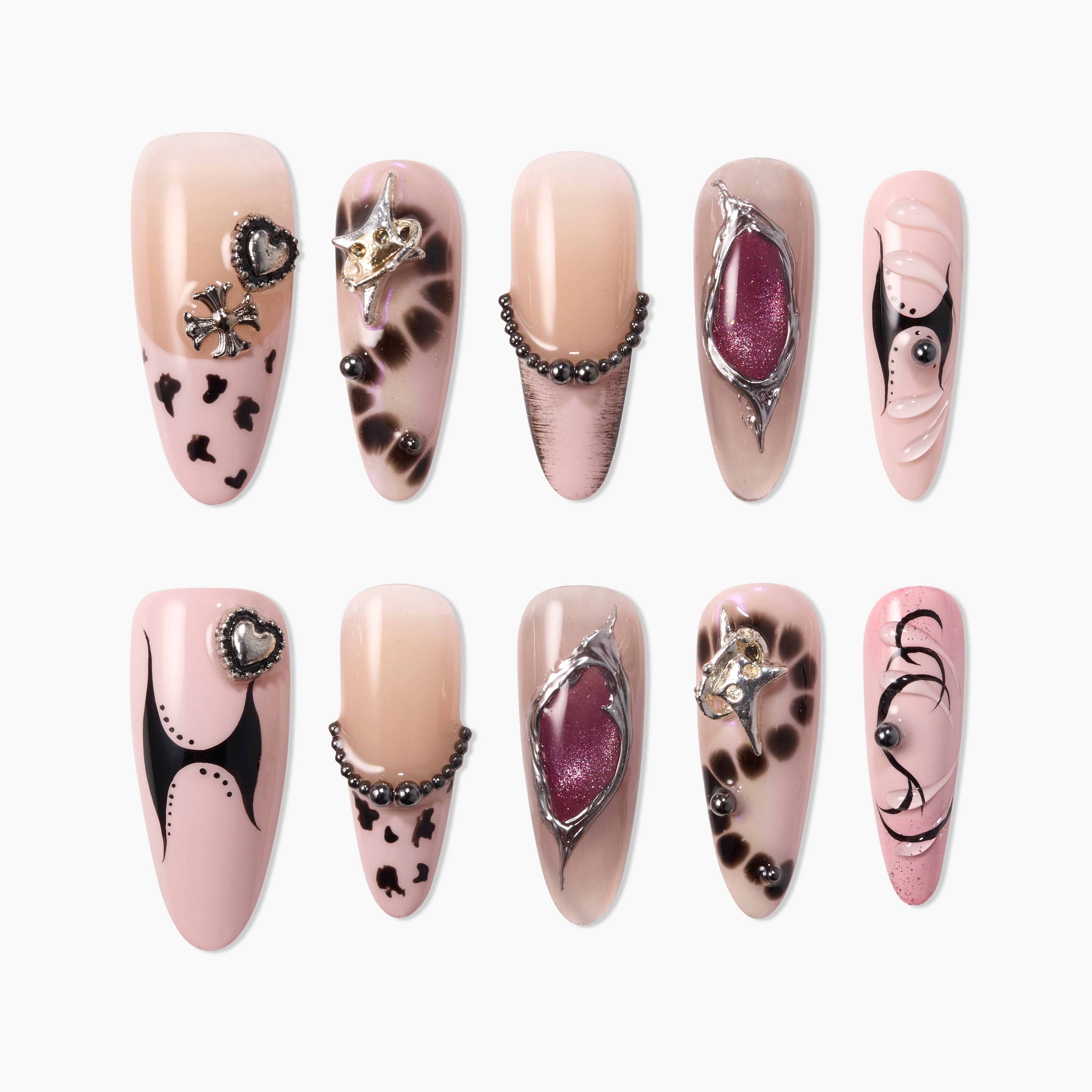 Handmade press-on nails with nude, black, and pink animal prints, metallic accents, 3D charms, and abstract designs.